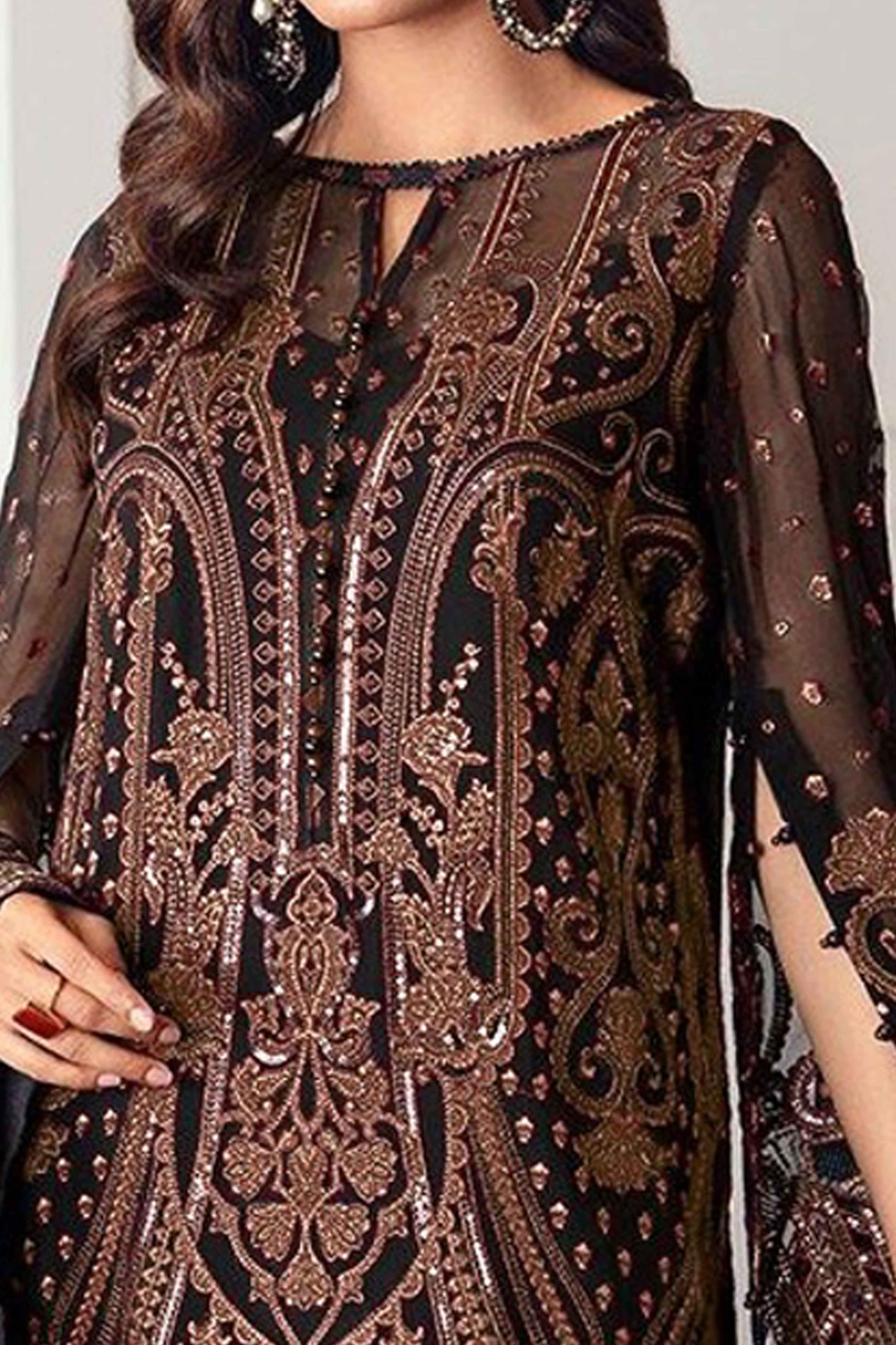 Black Georgette Semi Stitched Suit With Floral Brown Embroidery & Zarkan Work