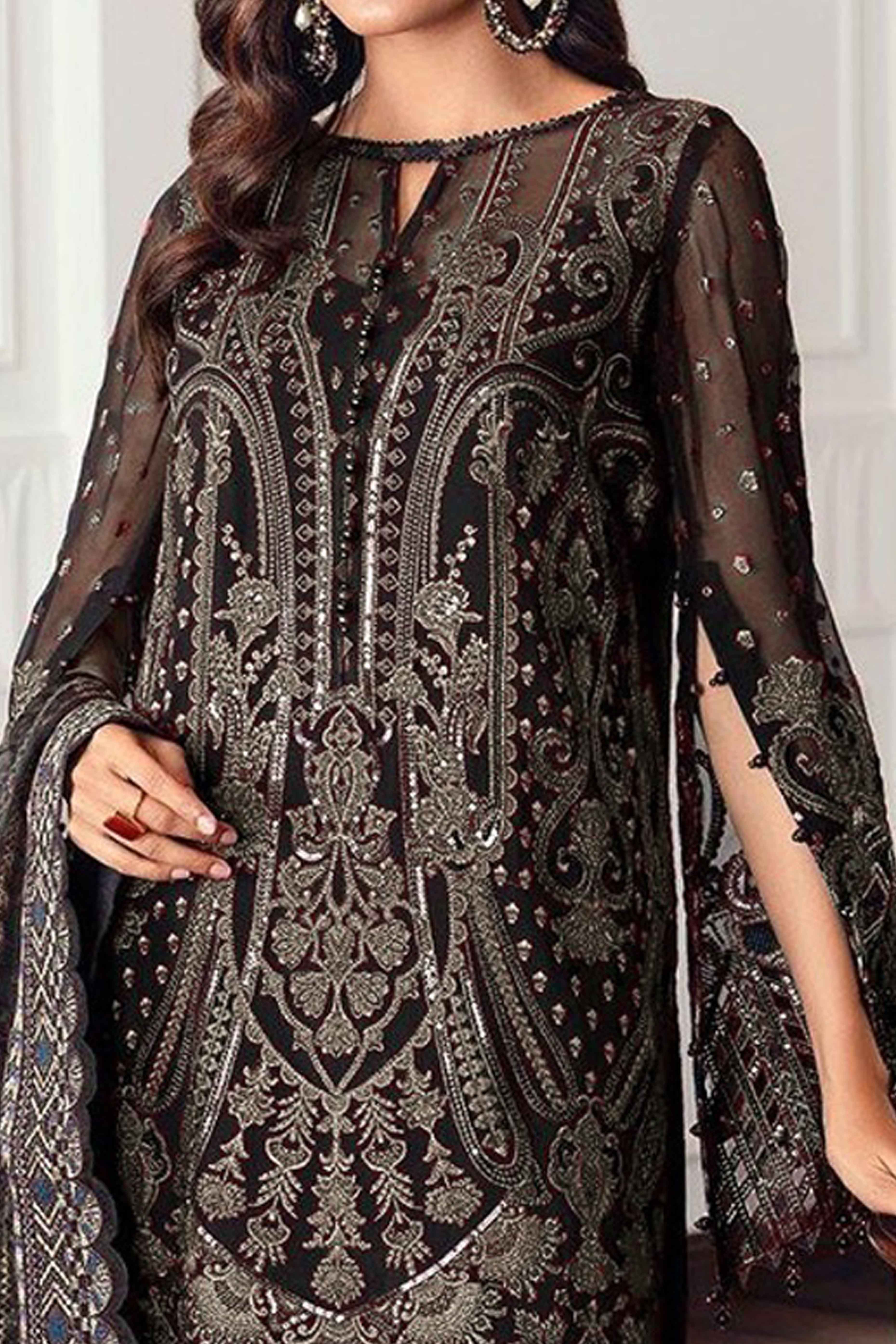 Black Georgette Semi Stitched Suit With Floral Coffee Embroidery & Zarkan Work