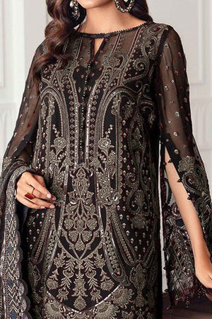 Black Georgette Semi Stitched Suit With Floral Coffee Embroidery & Zarkan Work