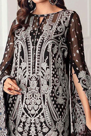 Black Georgette Semi Stitched Suit With Floral Peach Embroidery & Zarkan Work