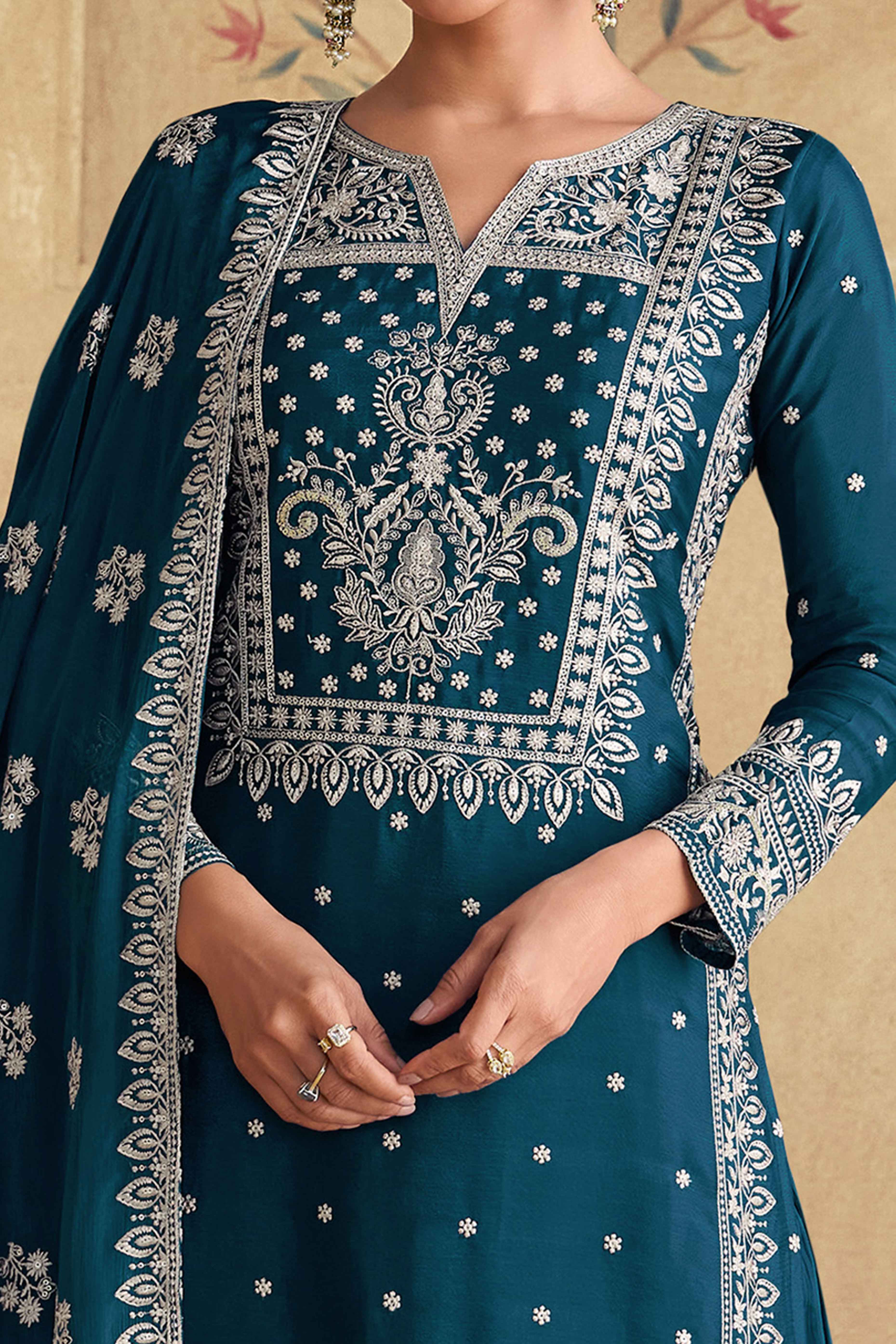 Opulent Aura Teal Semi-Stitched Georgette Suit With Dazzling Floral Sequin Work