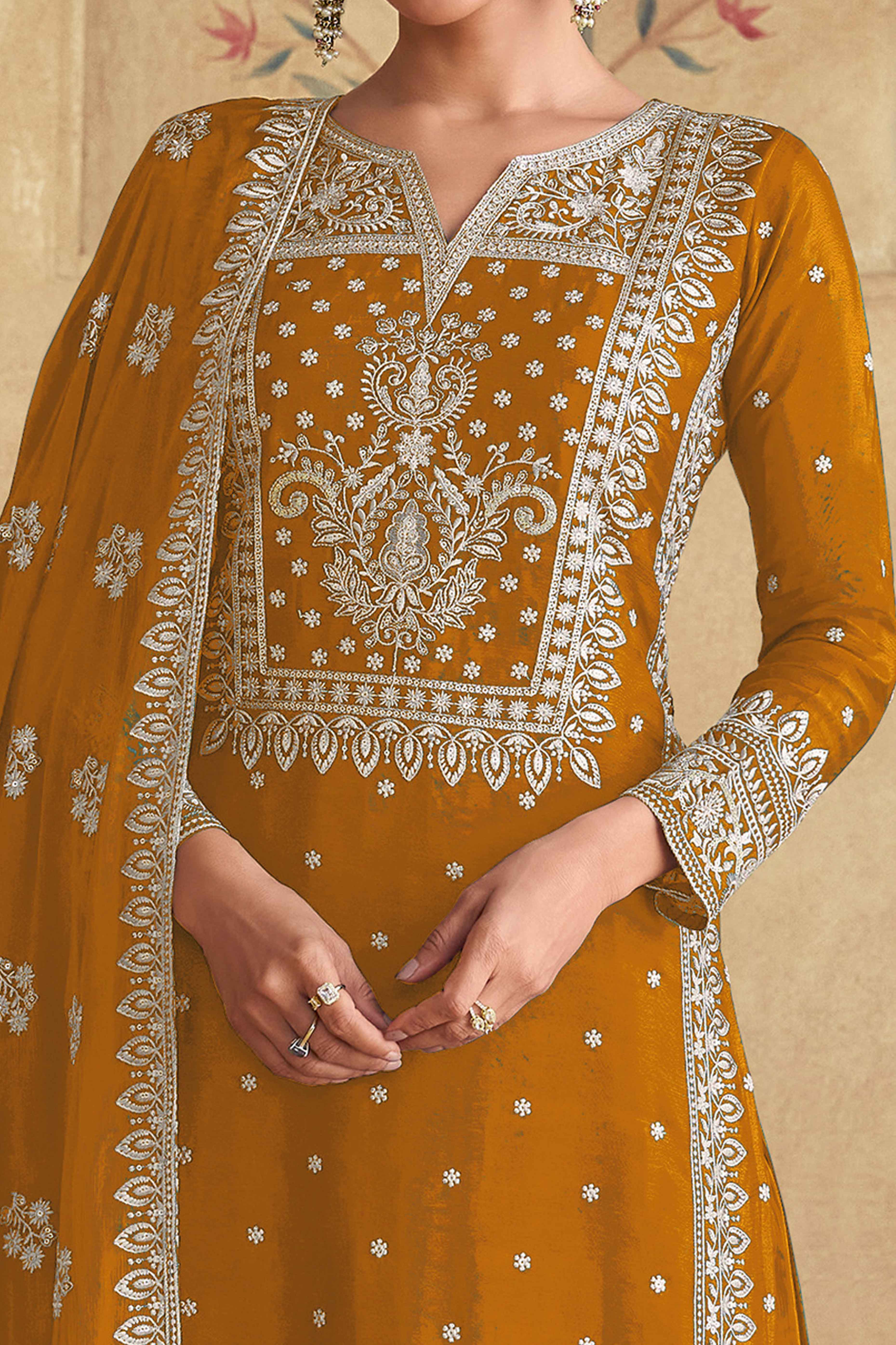Majestic Mustard Semi-Stitched Georgette Suit With Dazzling Floral Sequin Work