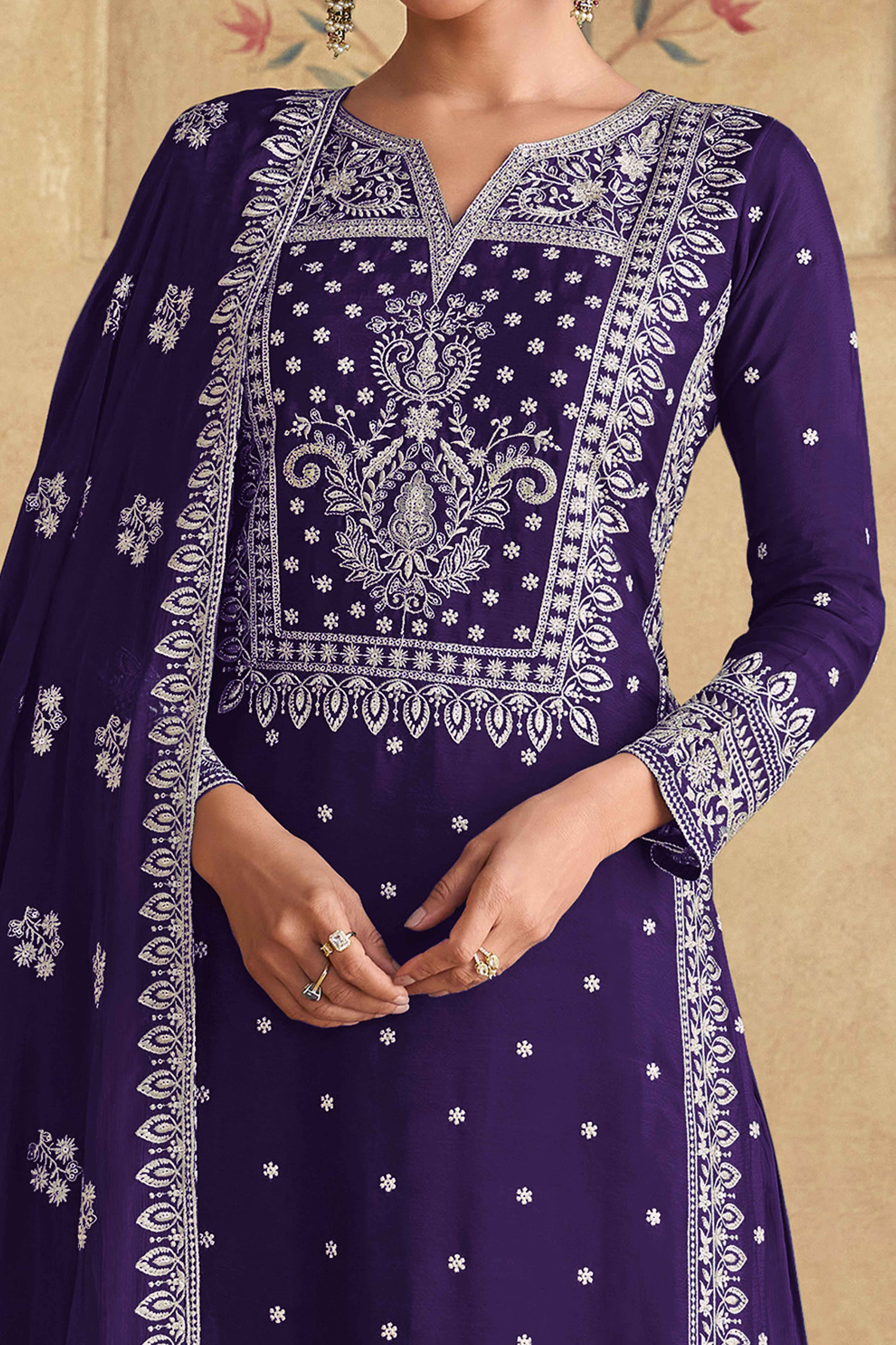 Graceful Emerald Violet Semi-Stitched Georgette Suit With Dazzling Floral Sequin Work