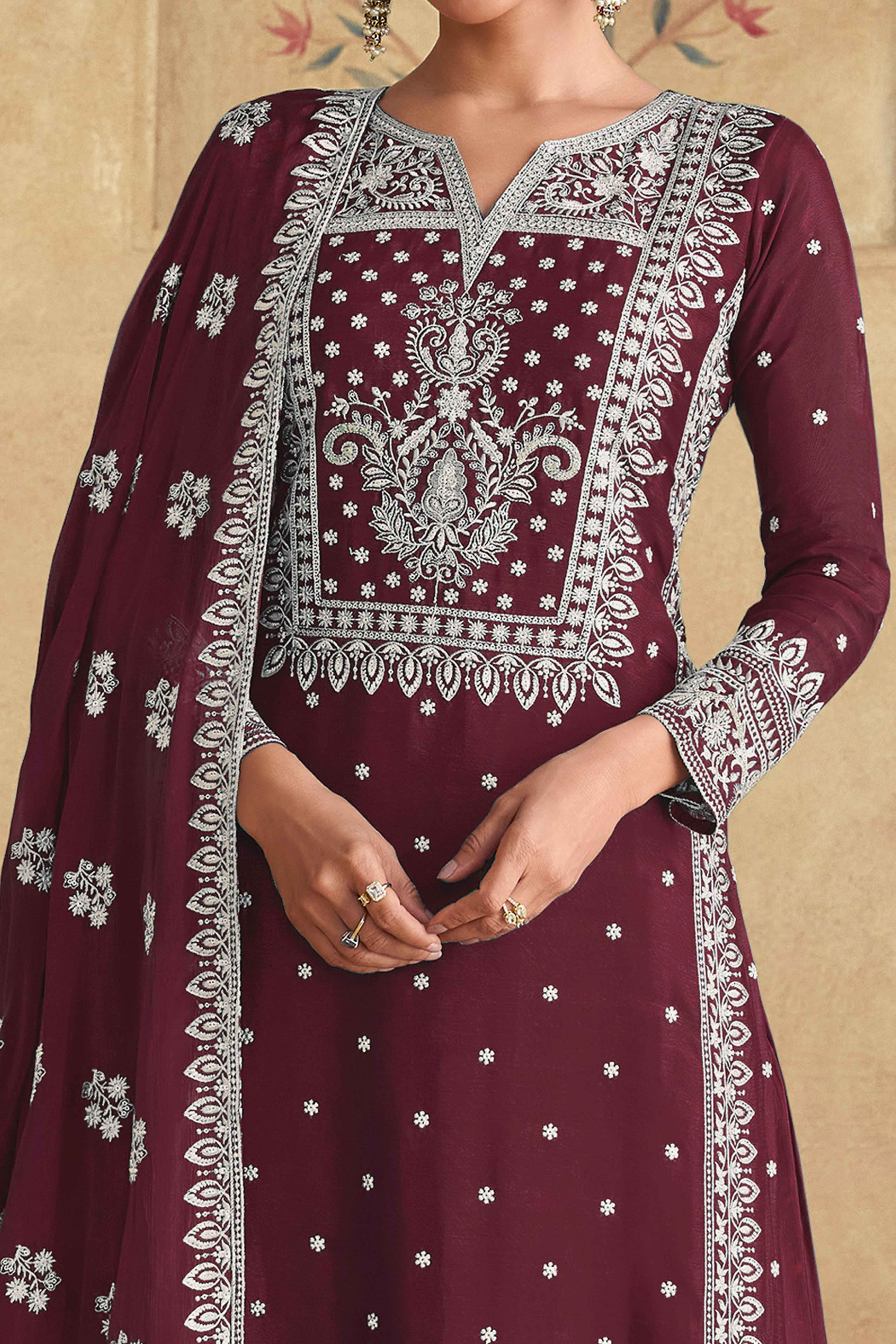 Sophisticated Maroon Semi-Stitched Georgette Suit With Dazzling Floral Sequin Work