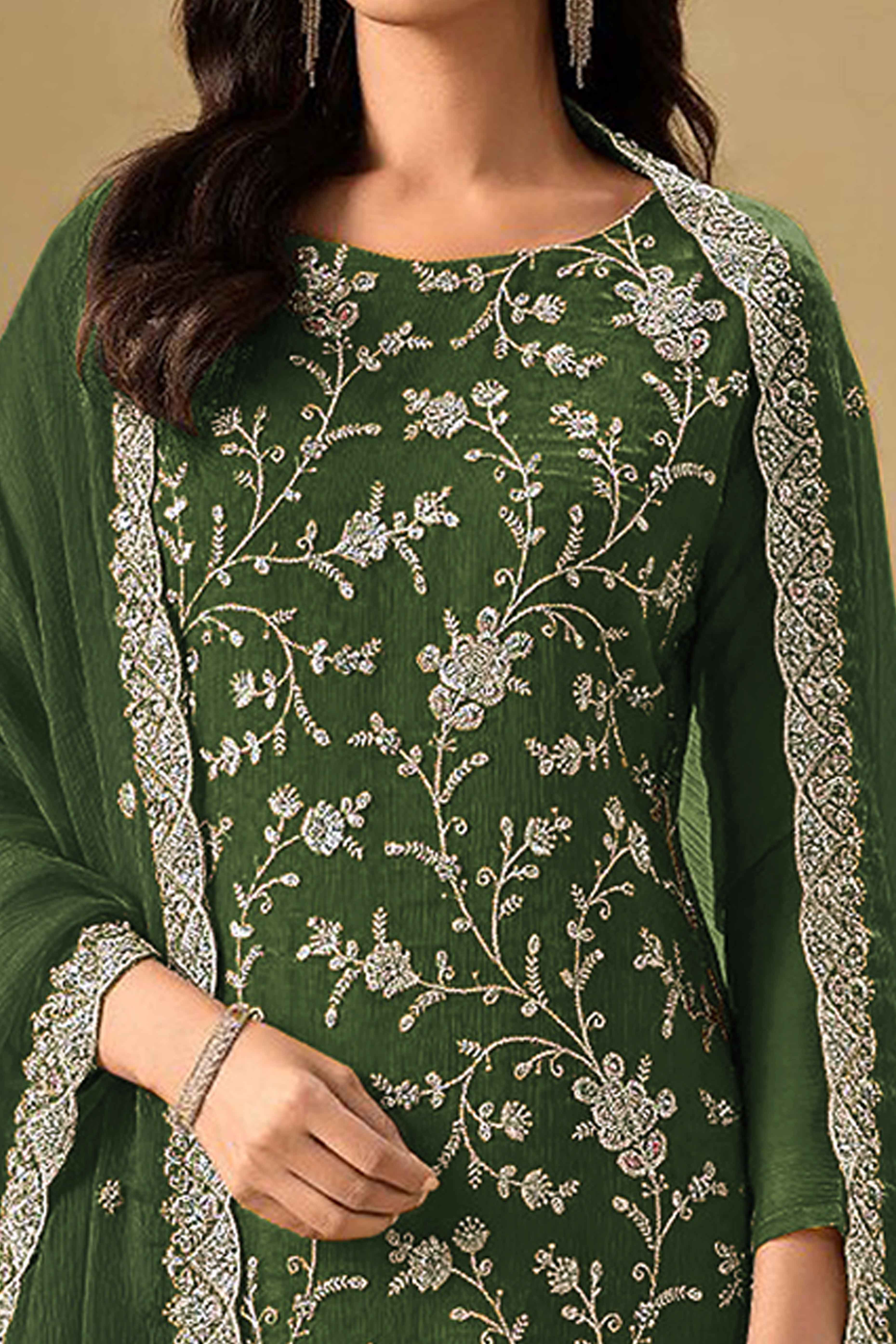 Embroidered Green Semi Stitched Suit With A Touch of Sequin & Studded Zarkan Work