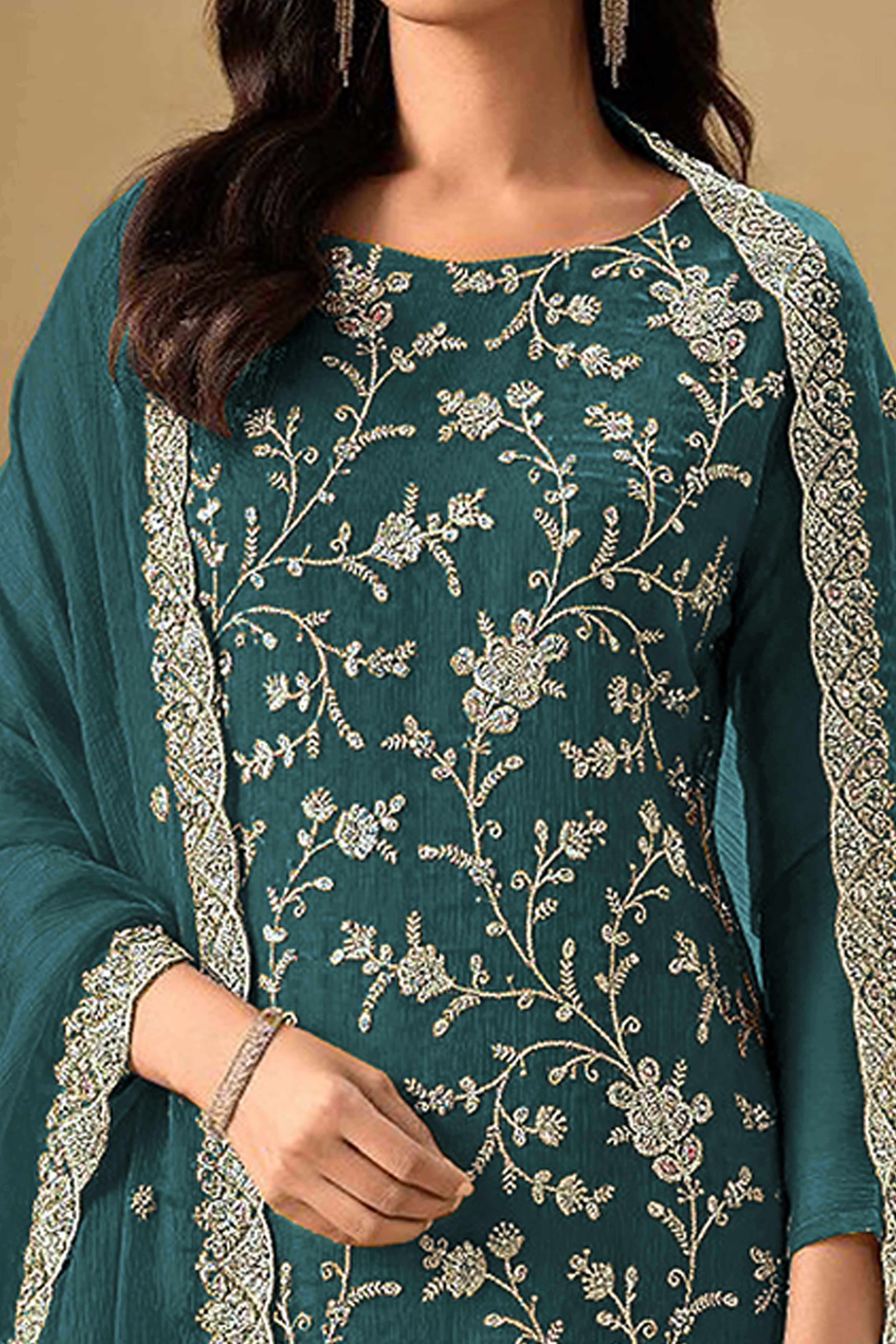 Embroidered Teal Semi Stitched Suit With A Touch of Sequin & Studded Zarkan Work