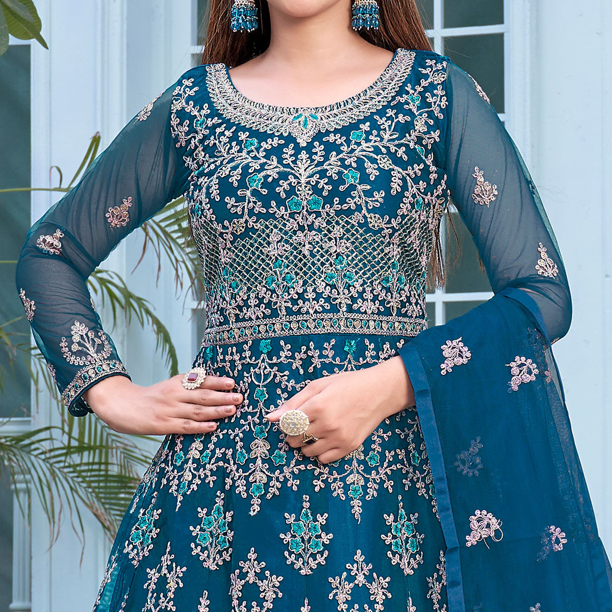 Blue Floral Embroidered Net Semi Stitched Anarkali Suit