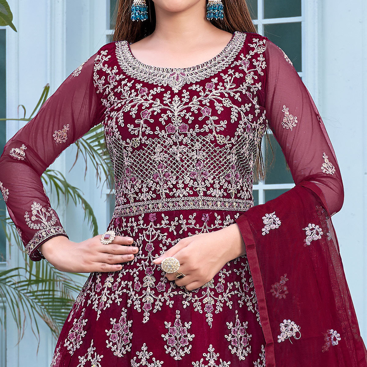 Maroon Floral Embroidered Net Semi Stitched Anarkali Suit