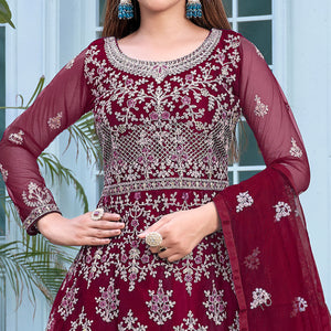 Maroon Floral Embroidered Net Semi Stitched Anarkali Suit
