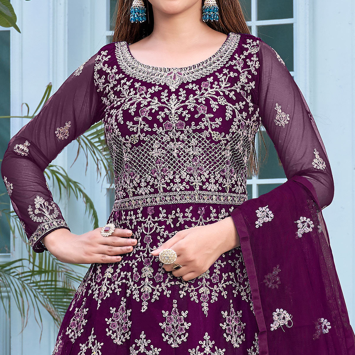 Purple Floral Embroidered Net Semi Stitched Anarkali Suit