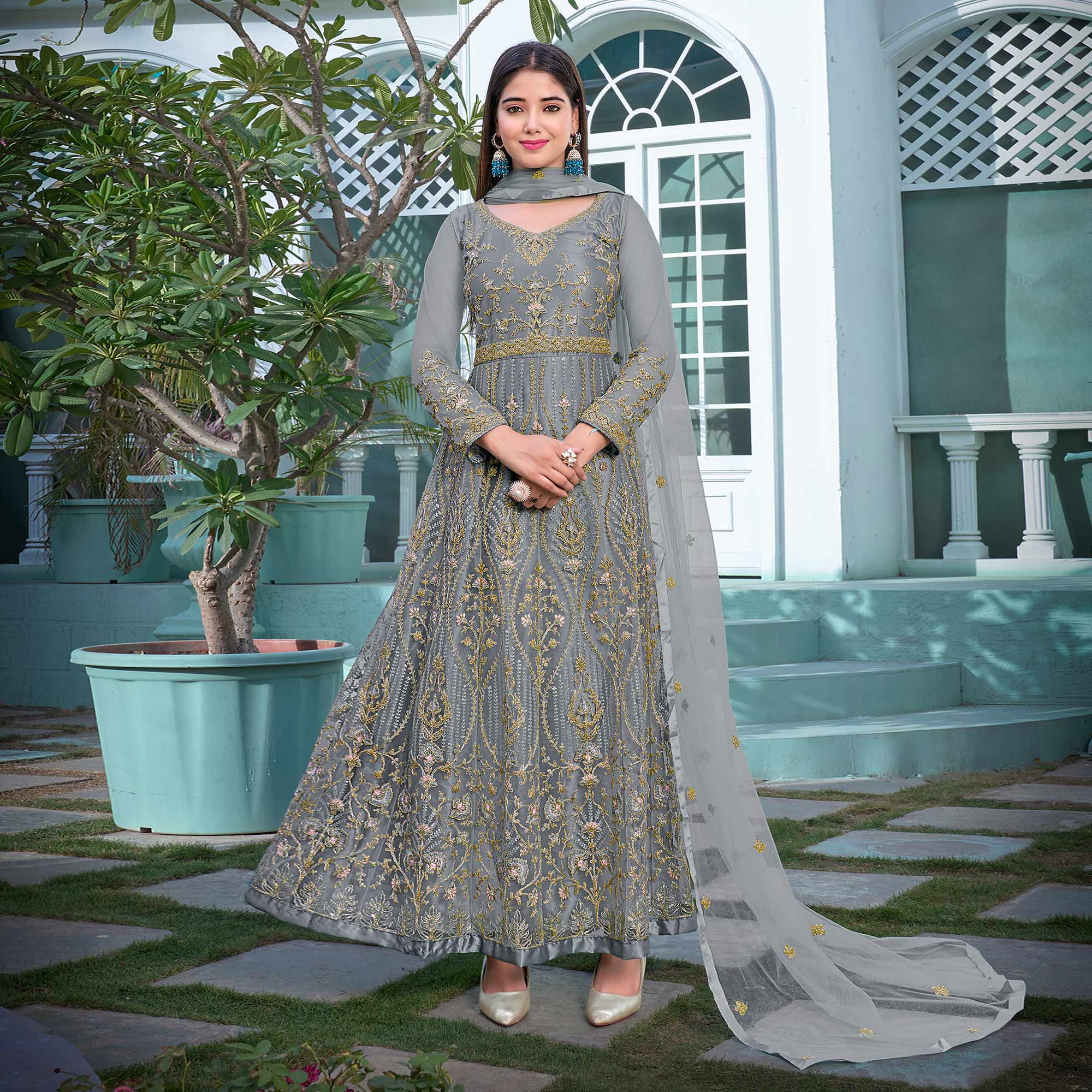 Grey Floral Sequins Embroidered Net Semi Stitched Anarkali Suit