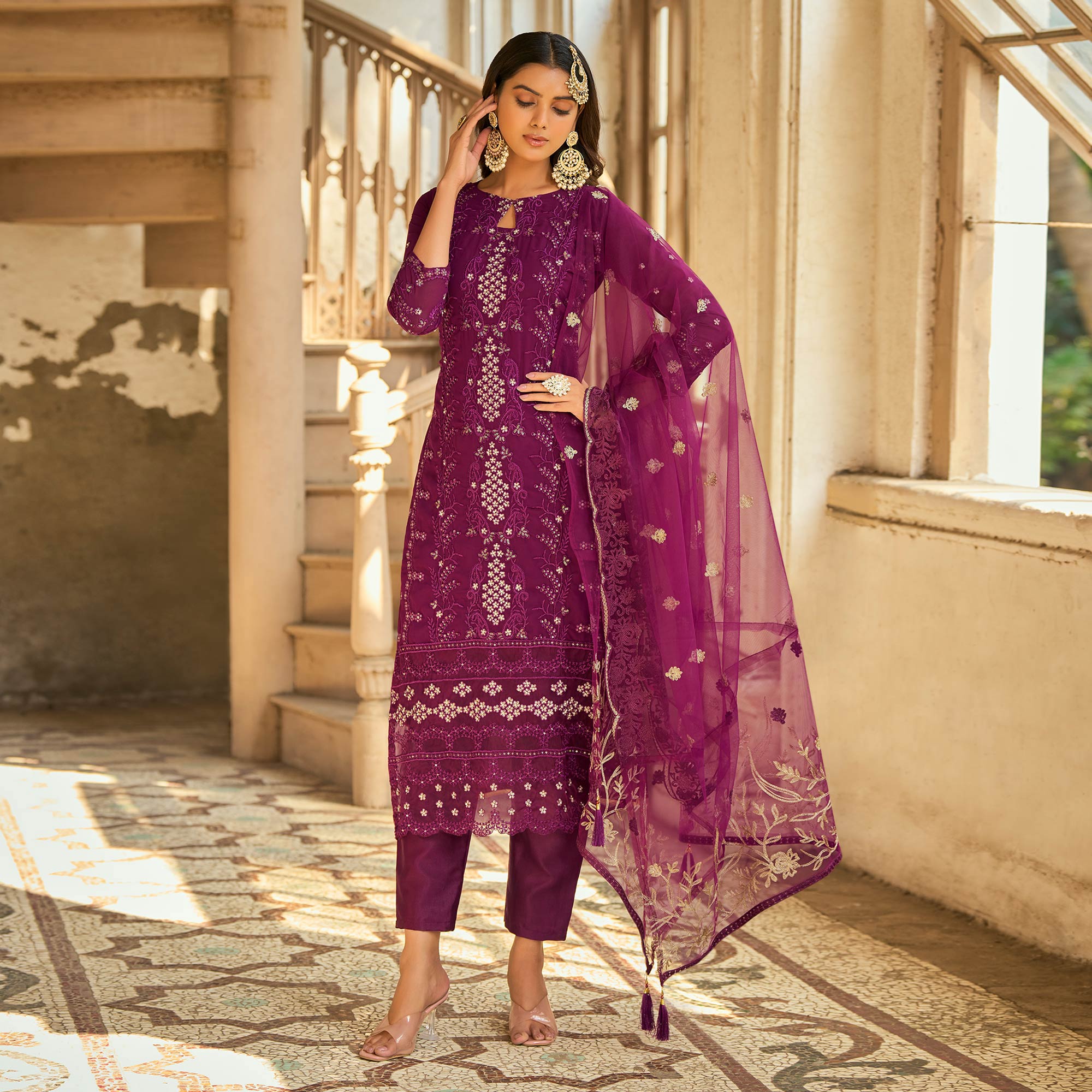 Purple Sequins Embroidered Georgette Semi Stitched Suit