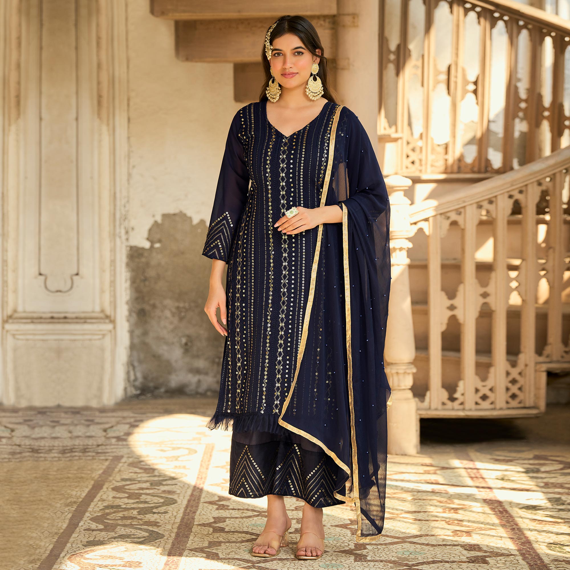 Navy Blue Sequins Embroidered Georgette Semi Stitched Suit