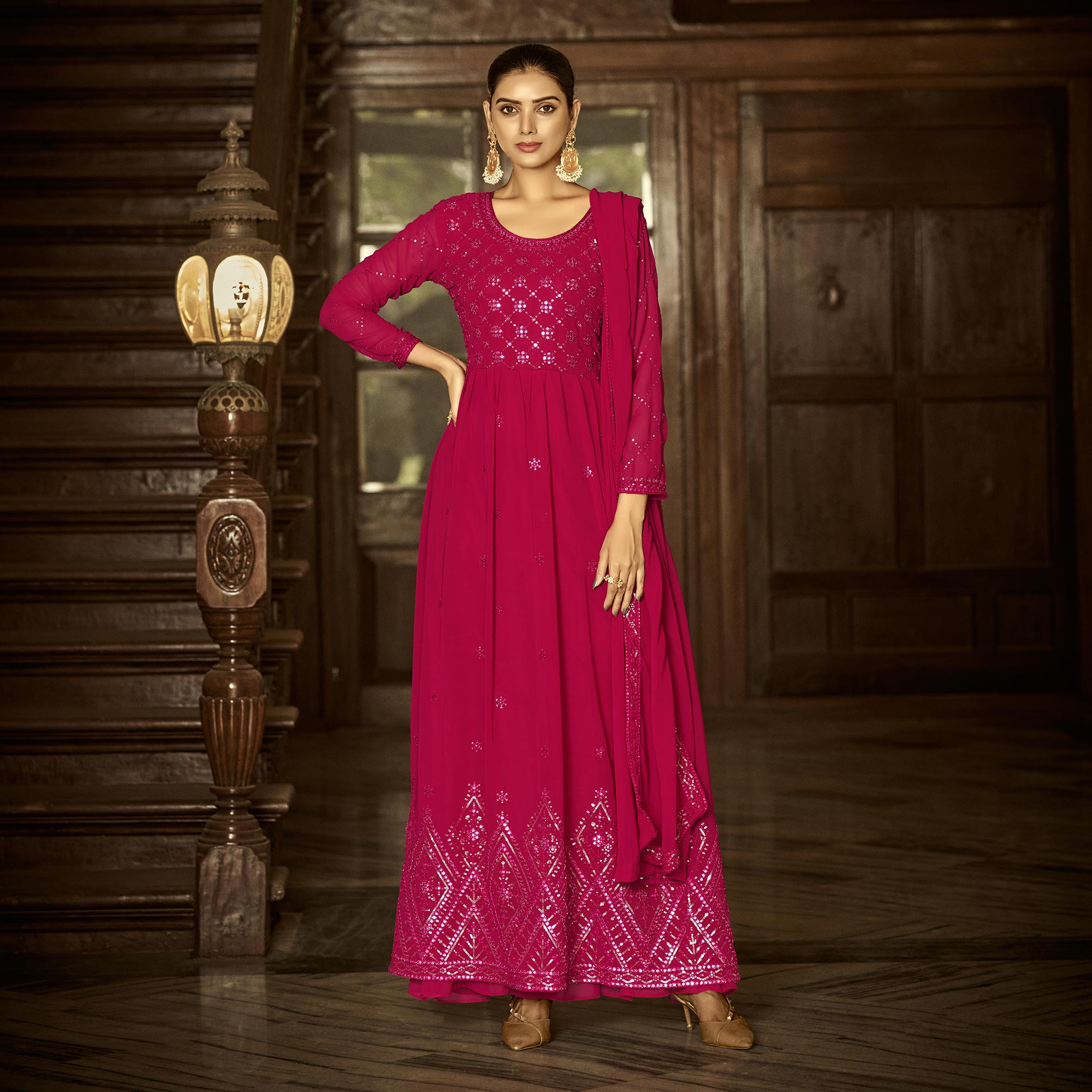 Dark Pink Floral Sequins Embroidered Georgette Semi Stitched Anarkali Suit