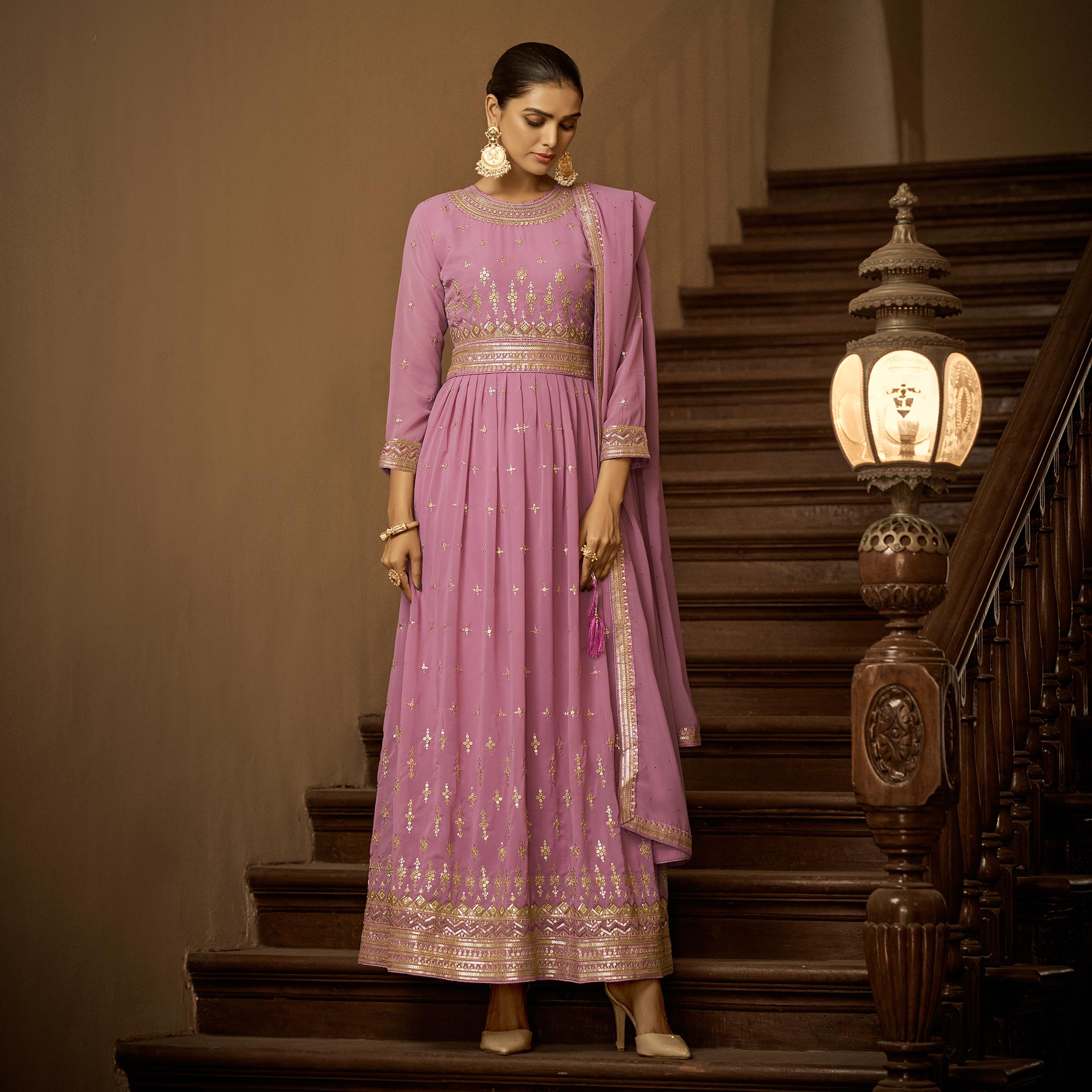 Pink Sequins Embroidered Georgette Semi Stitched Anarkali Suit