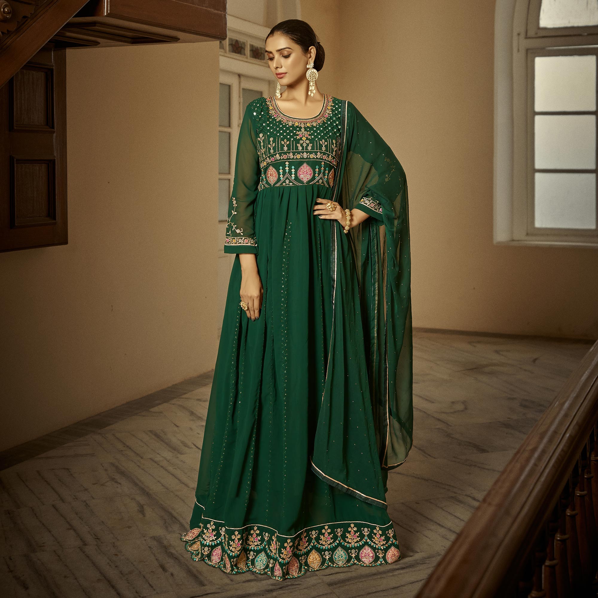 Green Floral Sequins Embroidered Georgette Semi Stitched Anarkali Suit