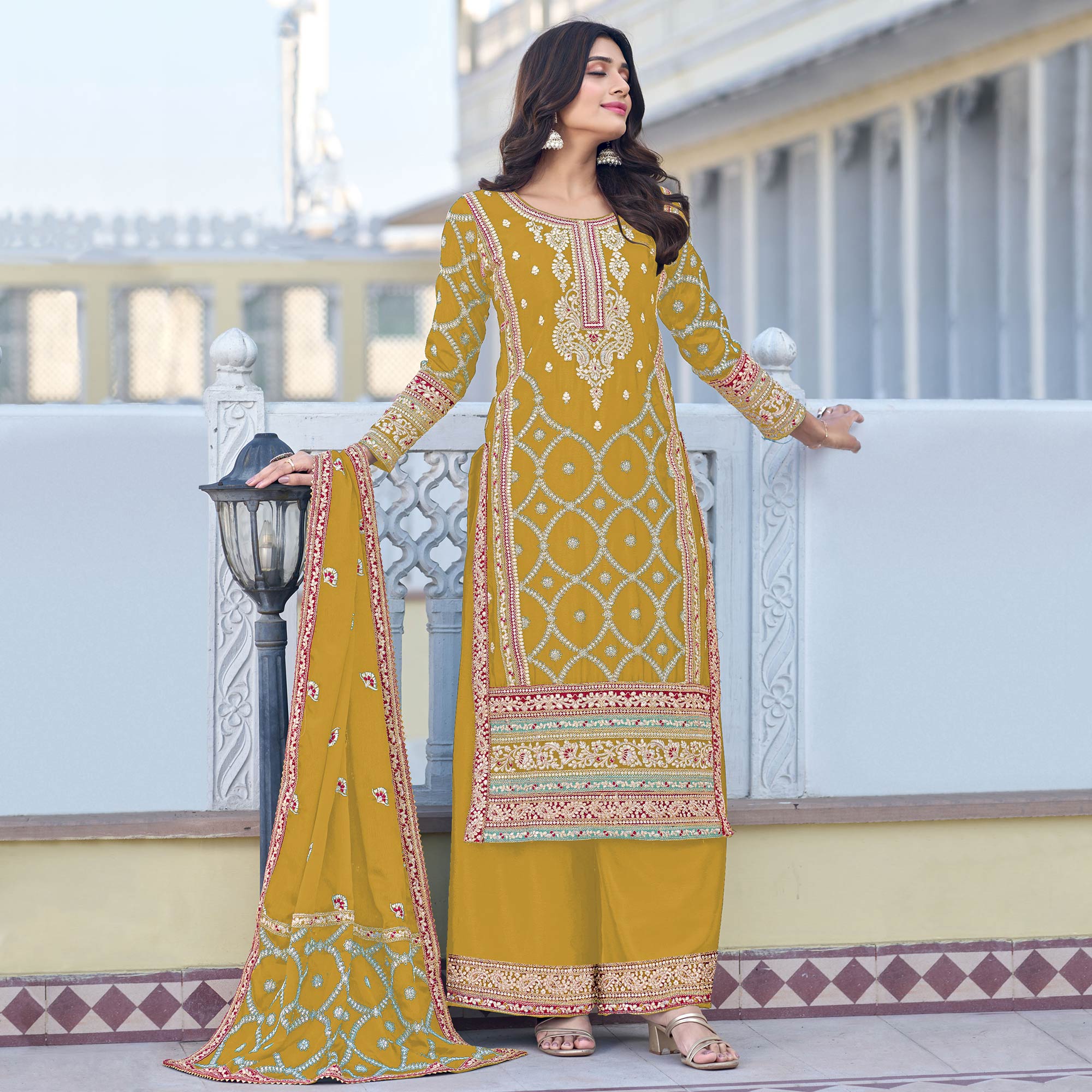 Mustard Floral Embroidered Chinon Silk Semi Stitched Suit