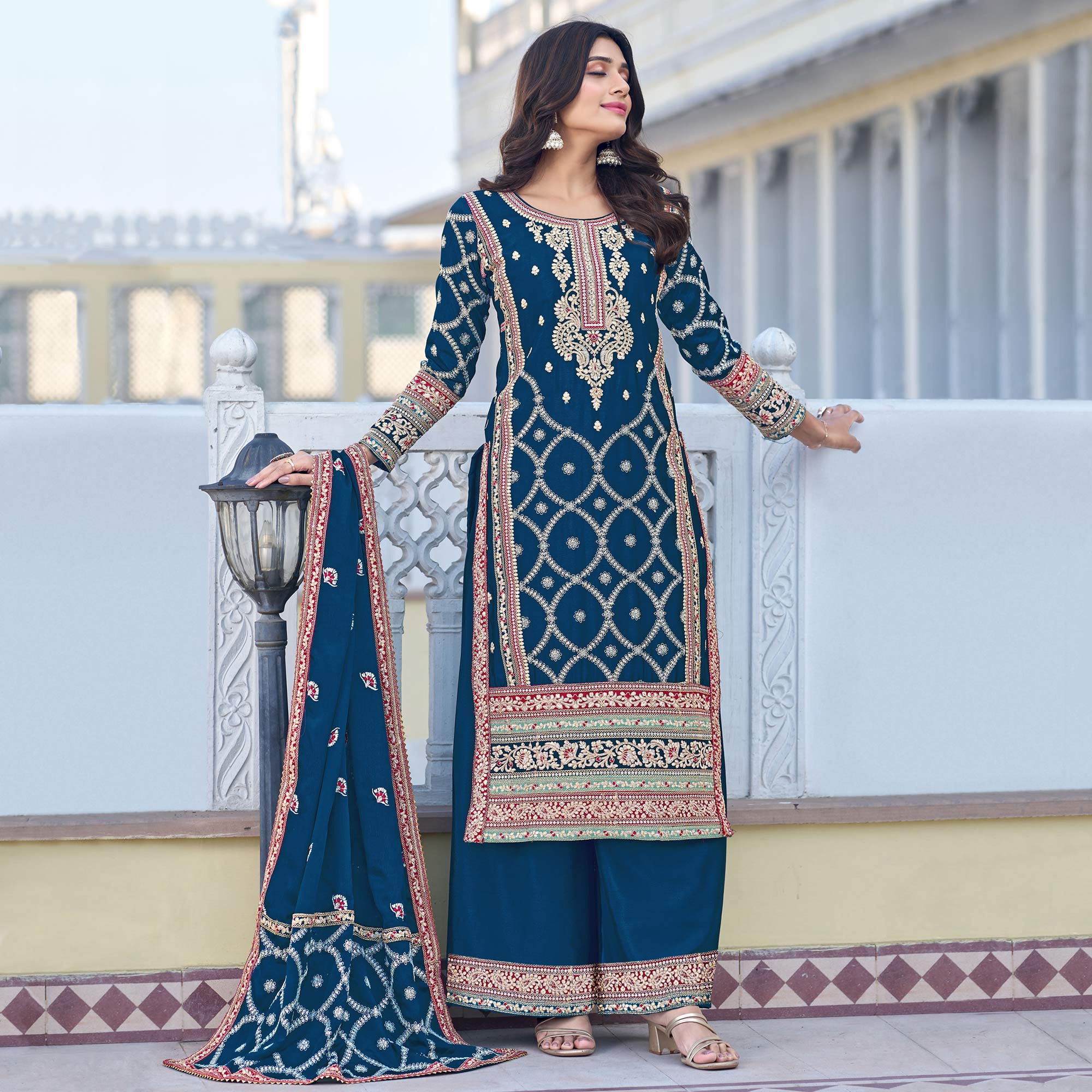Blue Floral Embroidered Chinon Silk Semi Stitched Suit