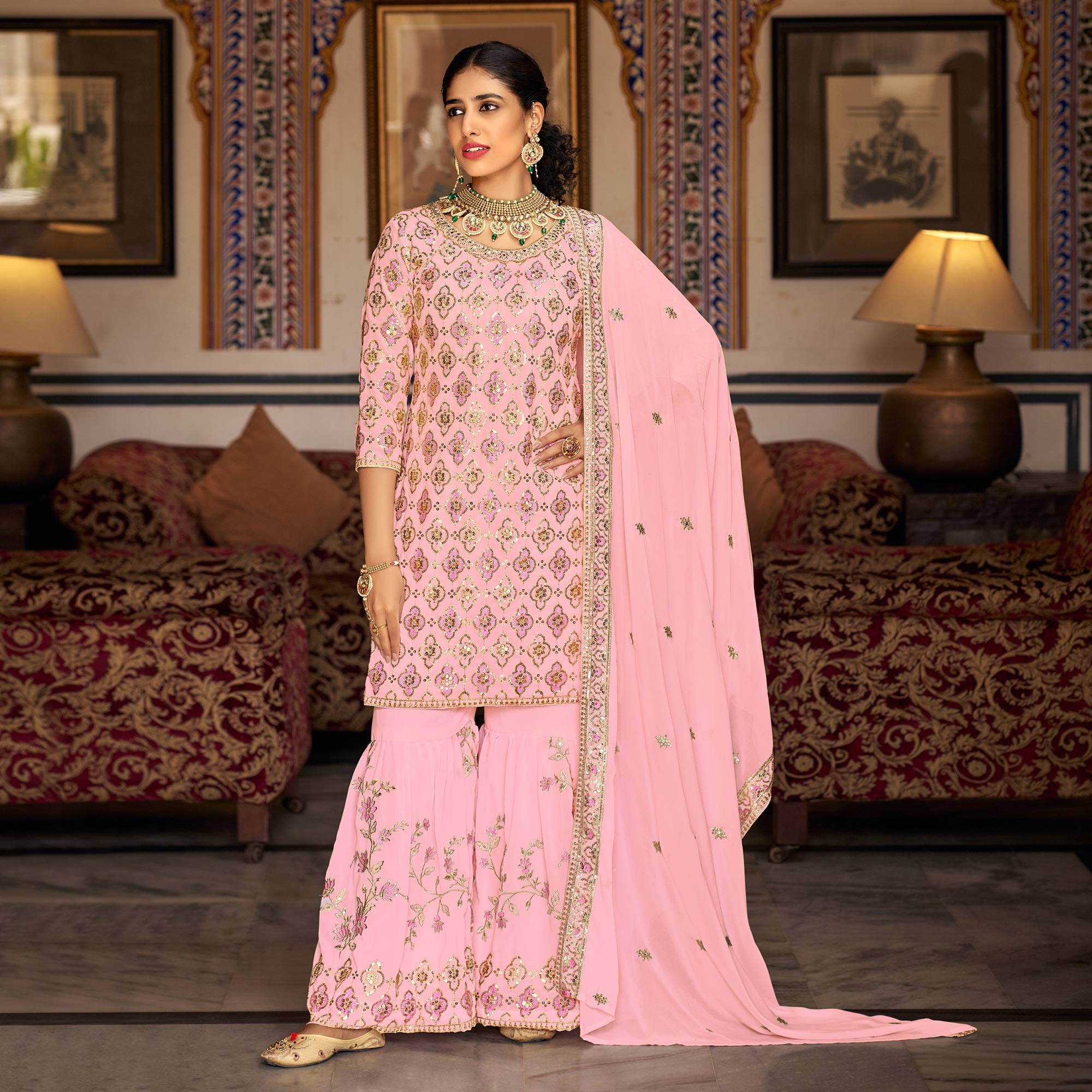 Pink Sequins Embroidered Georgette Semi Stitched Suit