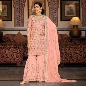 Peach Sequins Embroidered Georgette Semi Stitched Suit