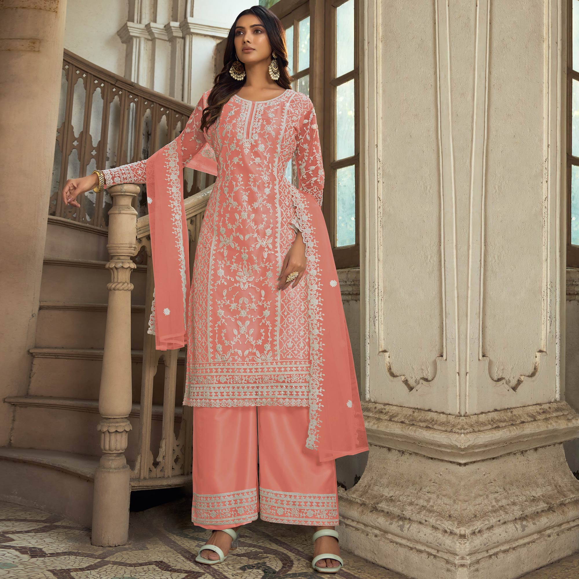 Peach Floral Embroidered Net Semi Stitched Suit