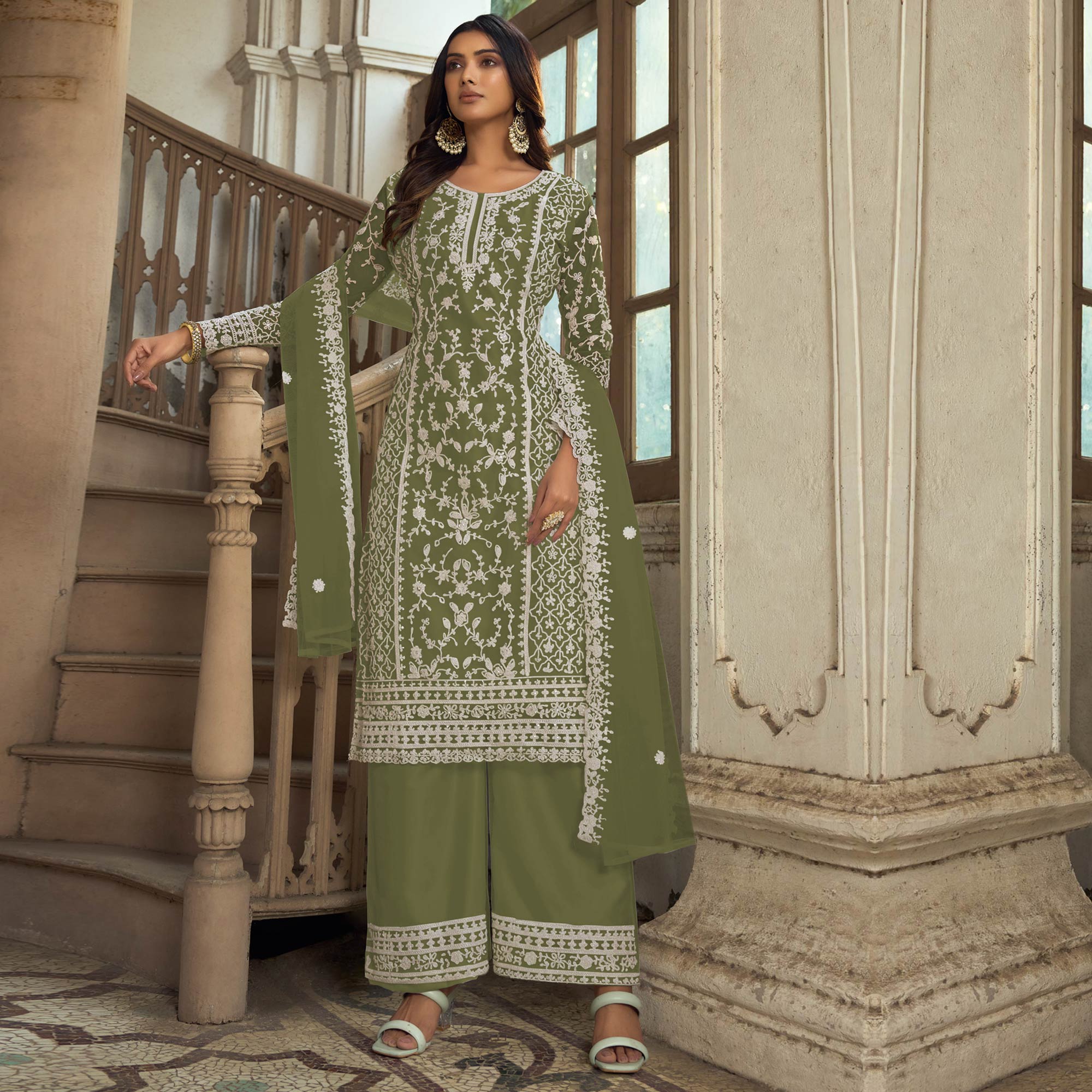 Green Floral Embroidered Net Semi Stitched Suit