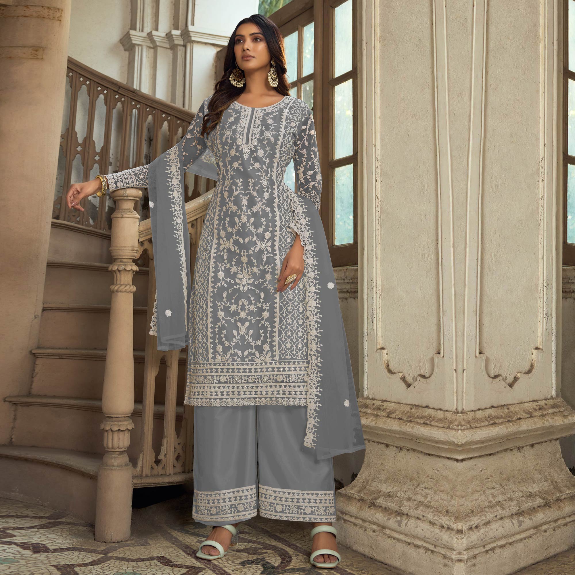 Grey Floral Embroidered Net Semi Stitched Suit