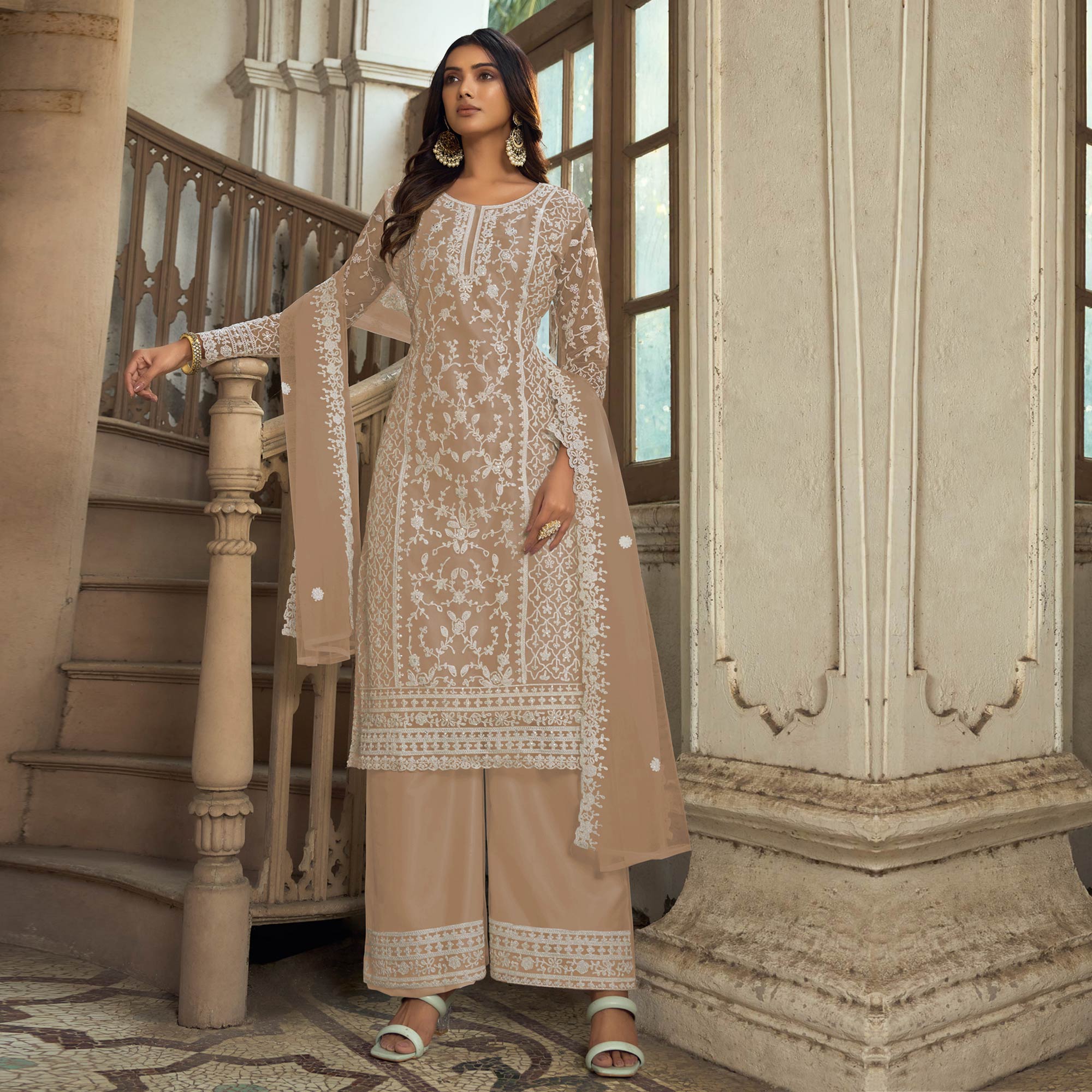 Brown Floral Embroidered Net Semi Stitched Suit
