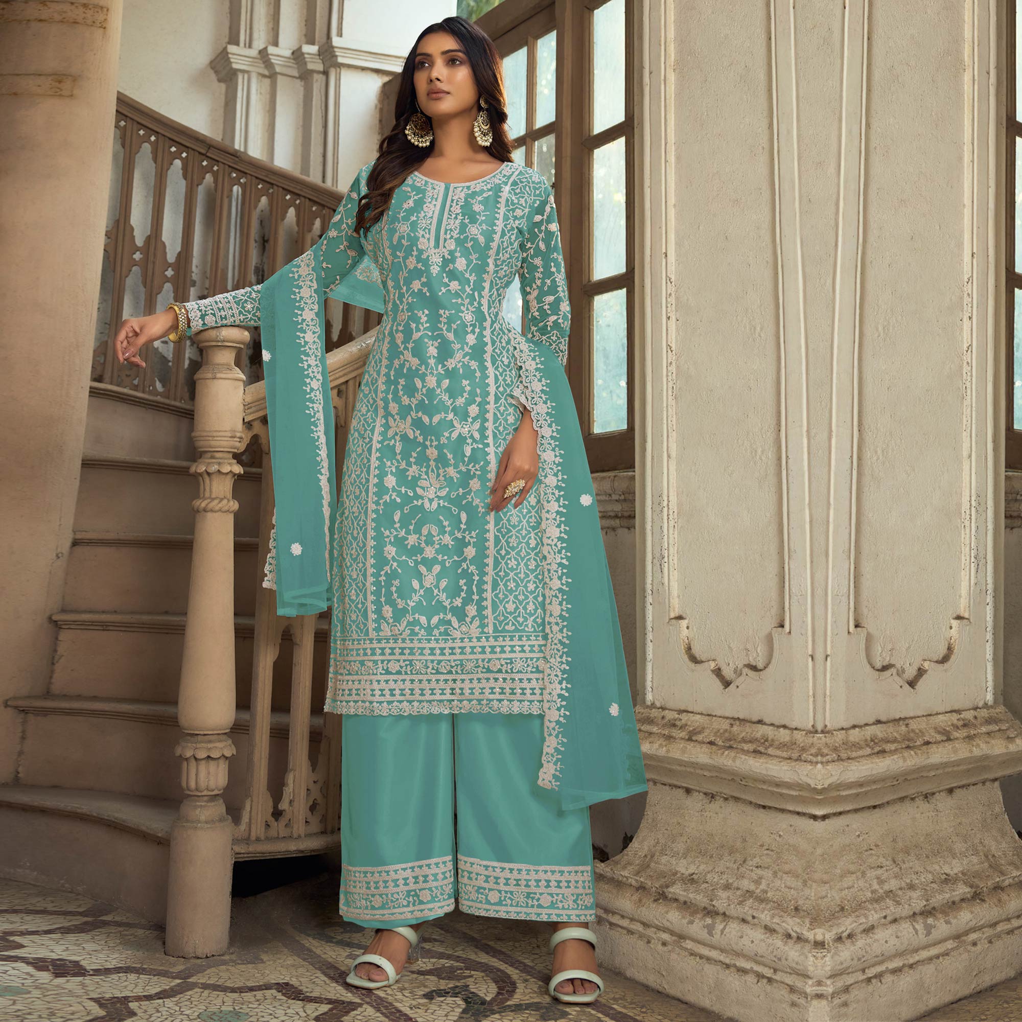 Turquoise Floral Embroidered Net Semi Stitched Suit