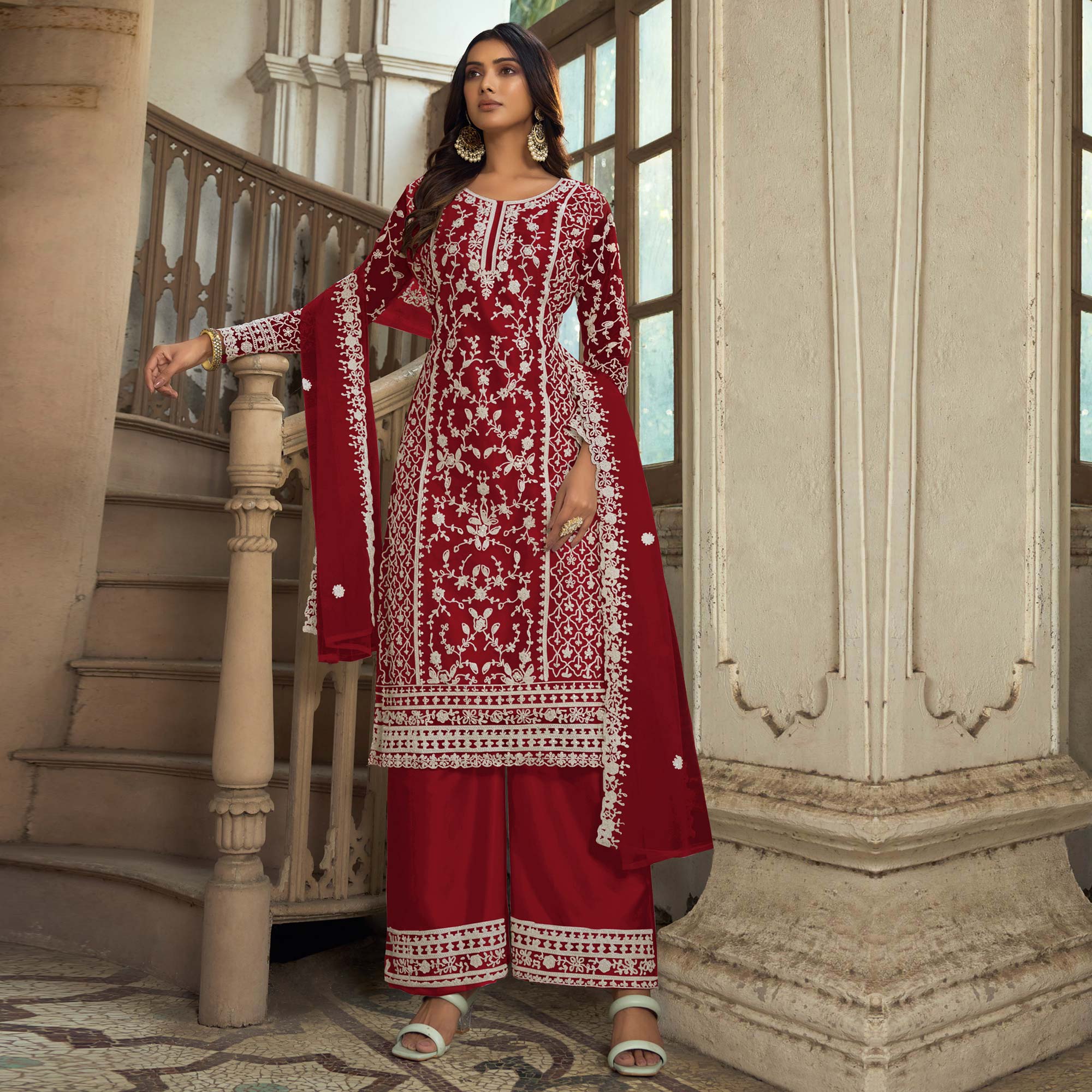 Red Floral Embroidered Net Semi Stitched Suit