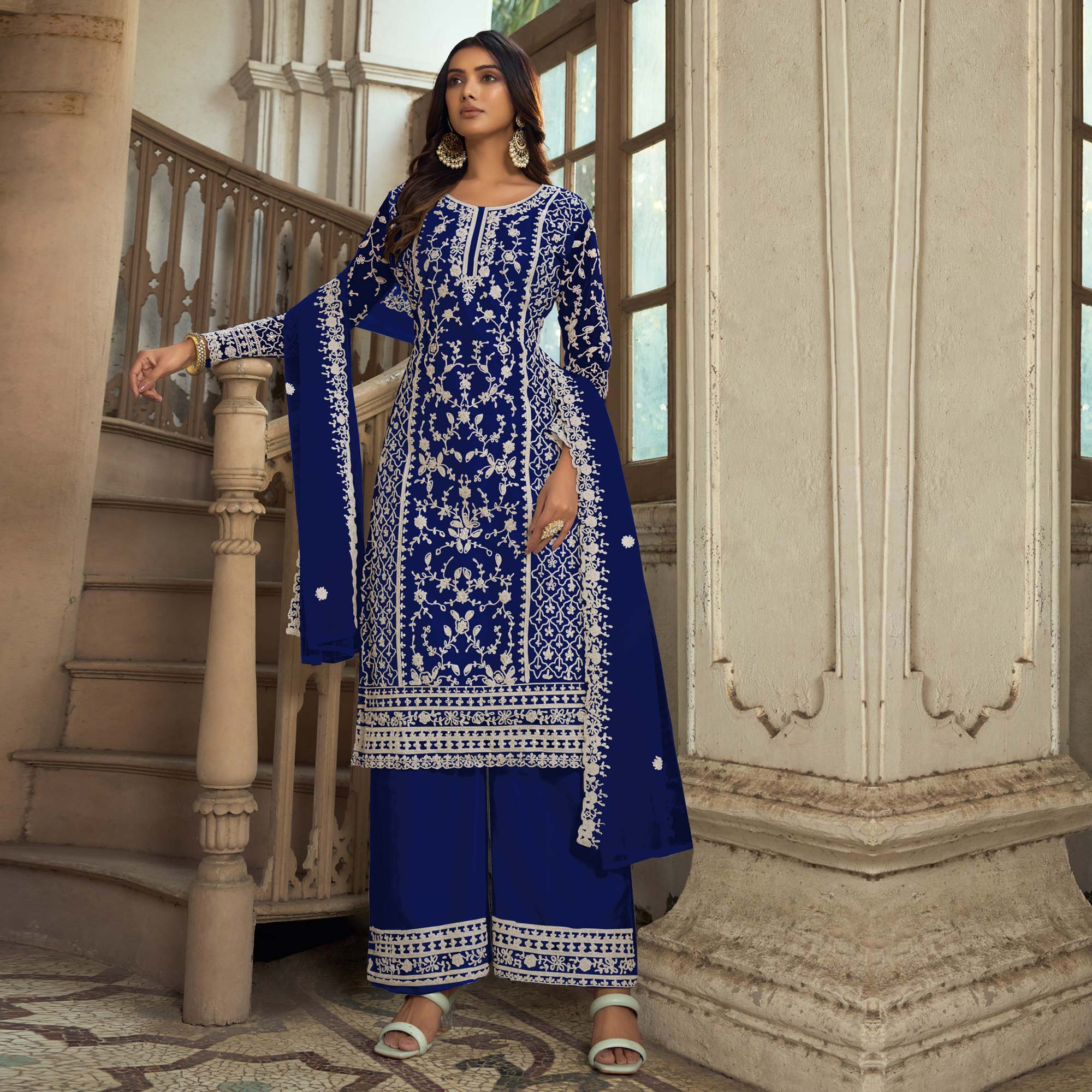 Royal Blue Floral Embroidered Net Semi Stitched Suit