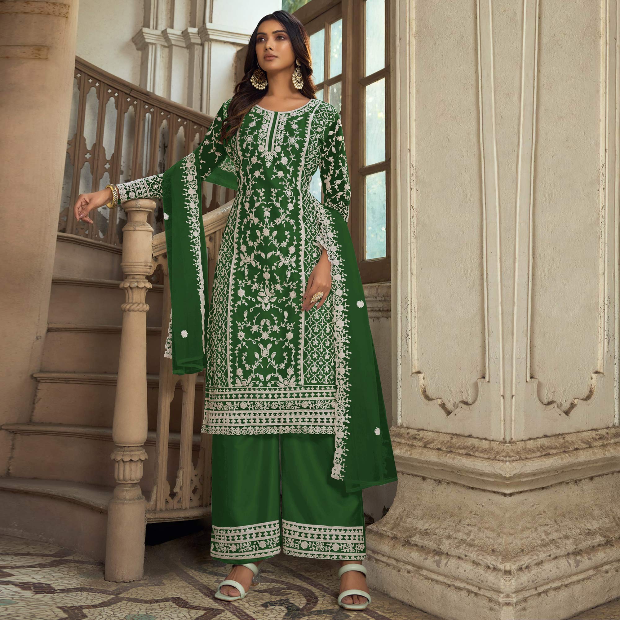 Green Floral Embroidered Net Semi Stitched Suit