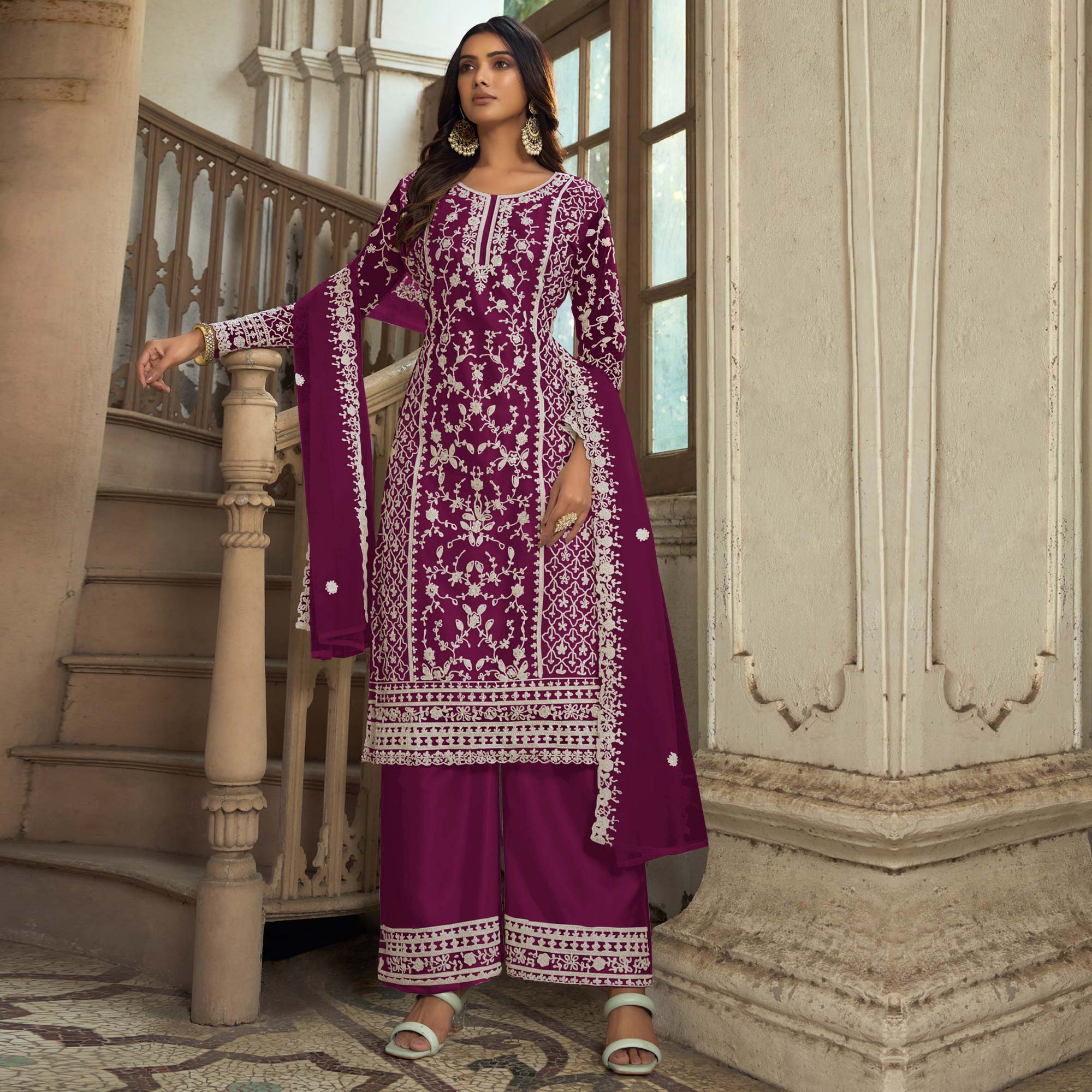 Purple Floral Embroidered Net Semi Stitched Suit