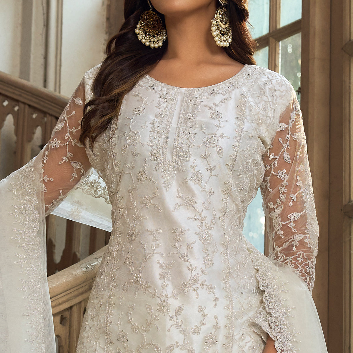 White Floral Embroidered Net Semi Stitched Pakistani Suit