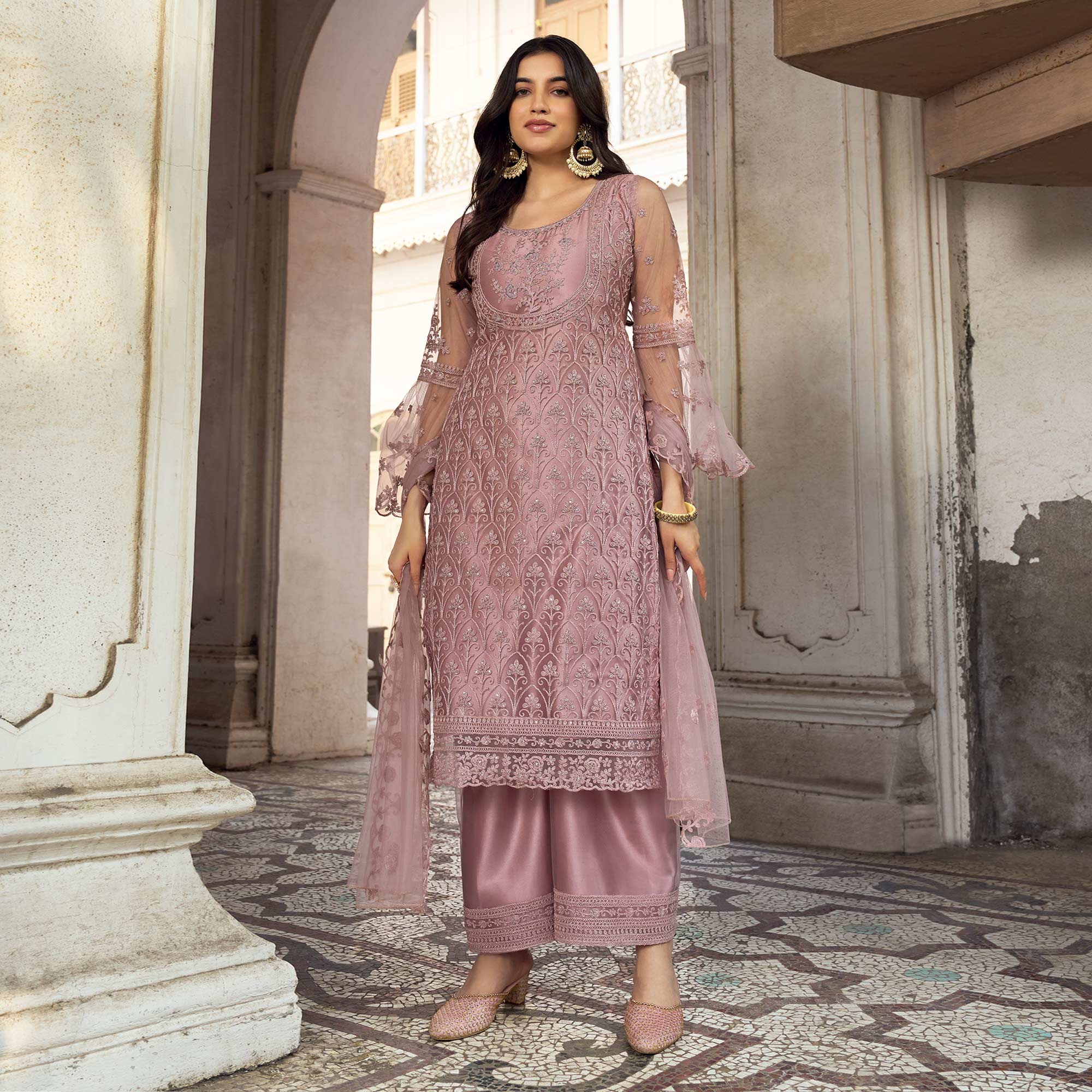 Mauve Floral Embroidered Net Semi Stitched Pakistani Suit