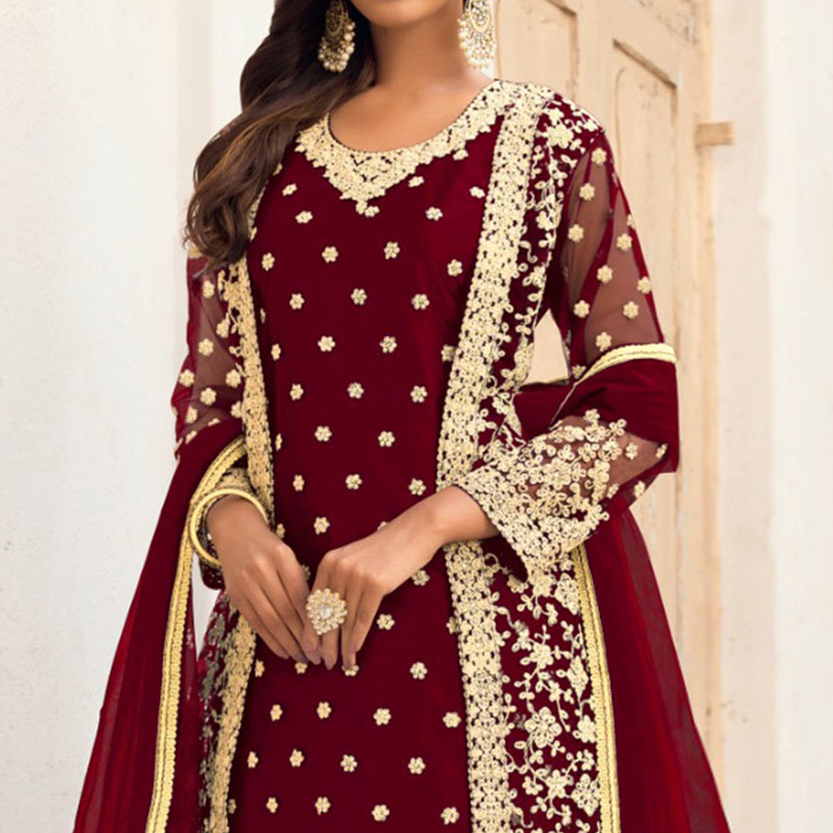 Maroon Floral Embroidered Net Semi Stitched Pakistani Suit