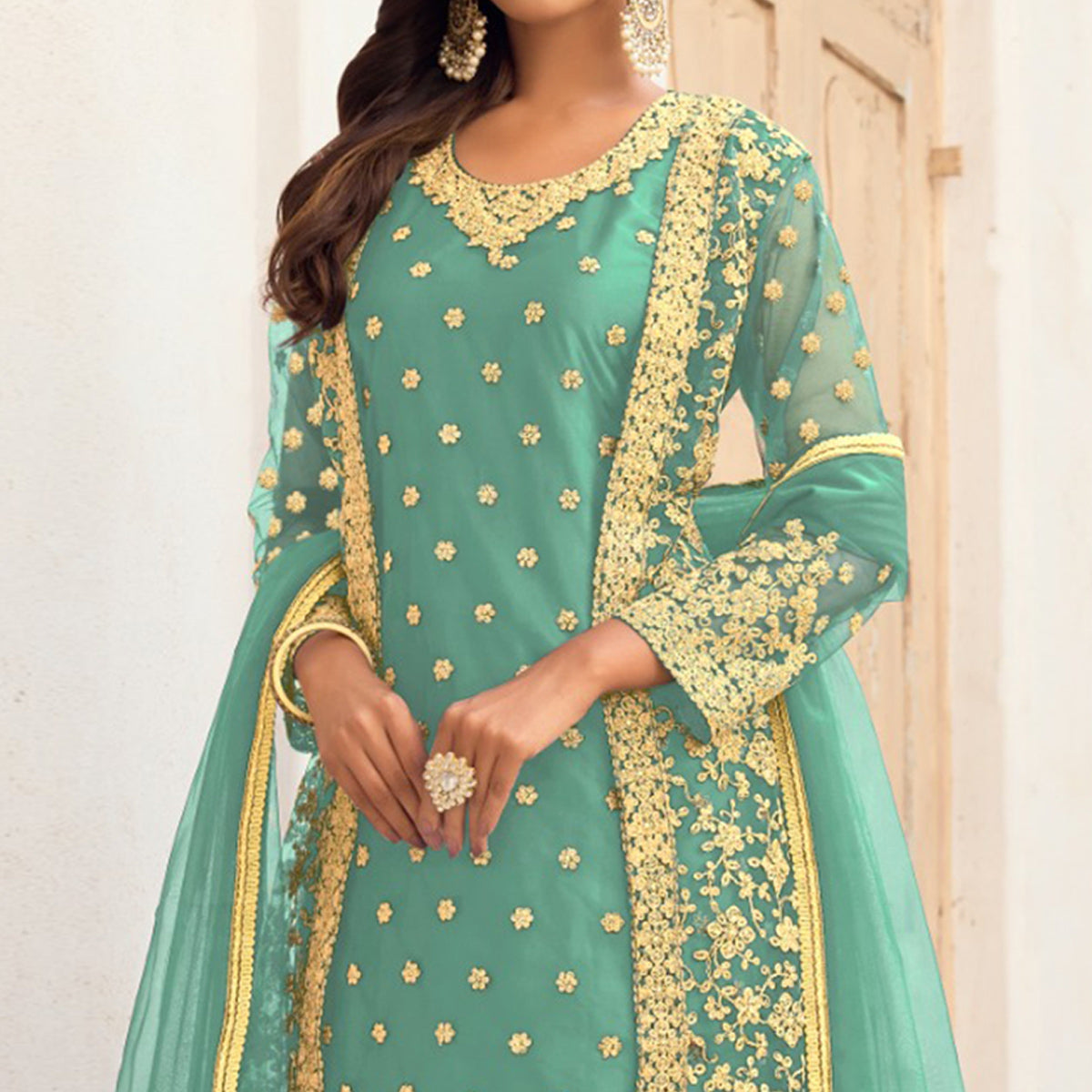 Sea Green Floral Embroidered Net Semi Stitched Pakistani Suit