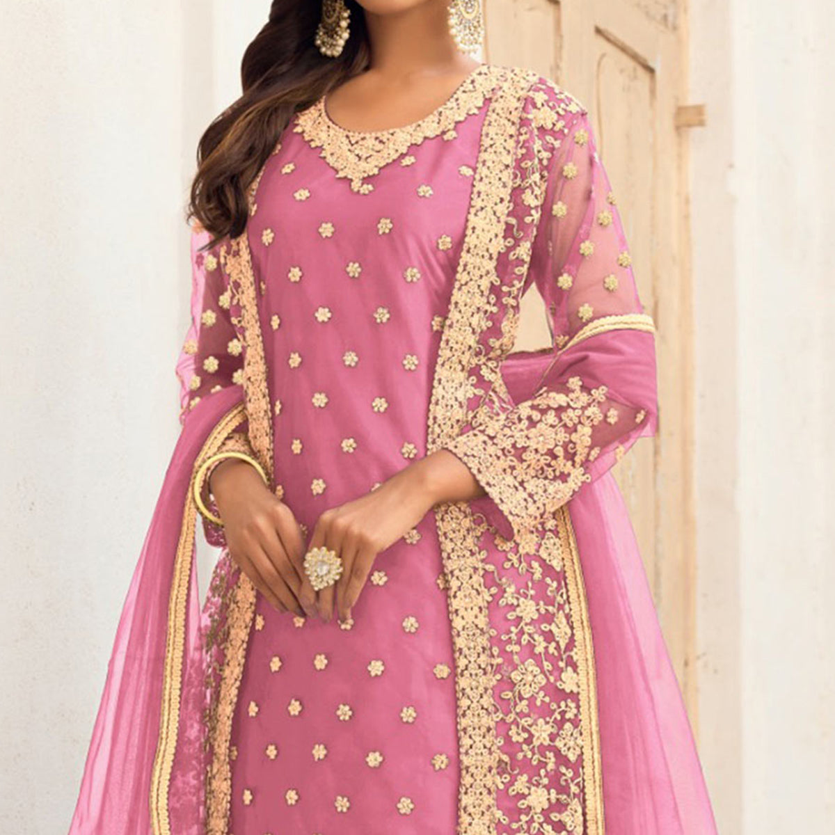 Pink Floral Embroidered Net Pakistani Suit