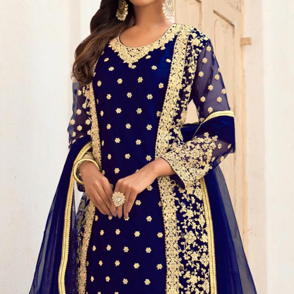 Blue Floral Embroidered Net Pakistani Suit