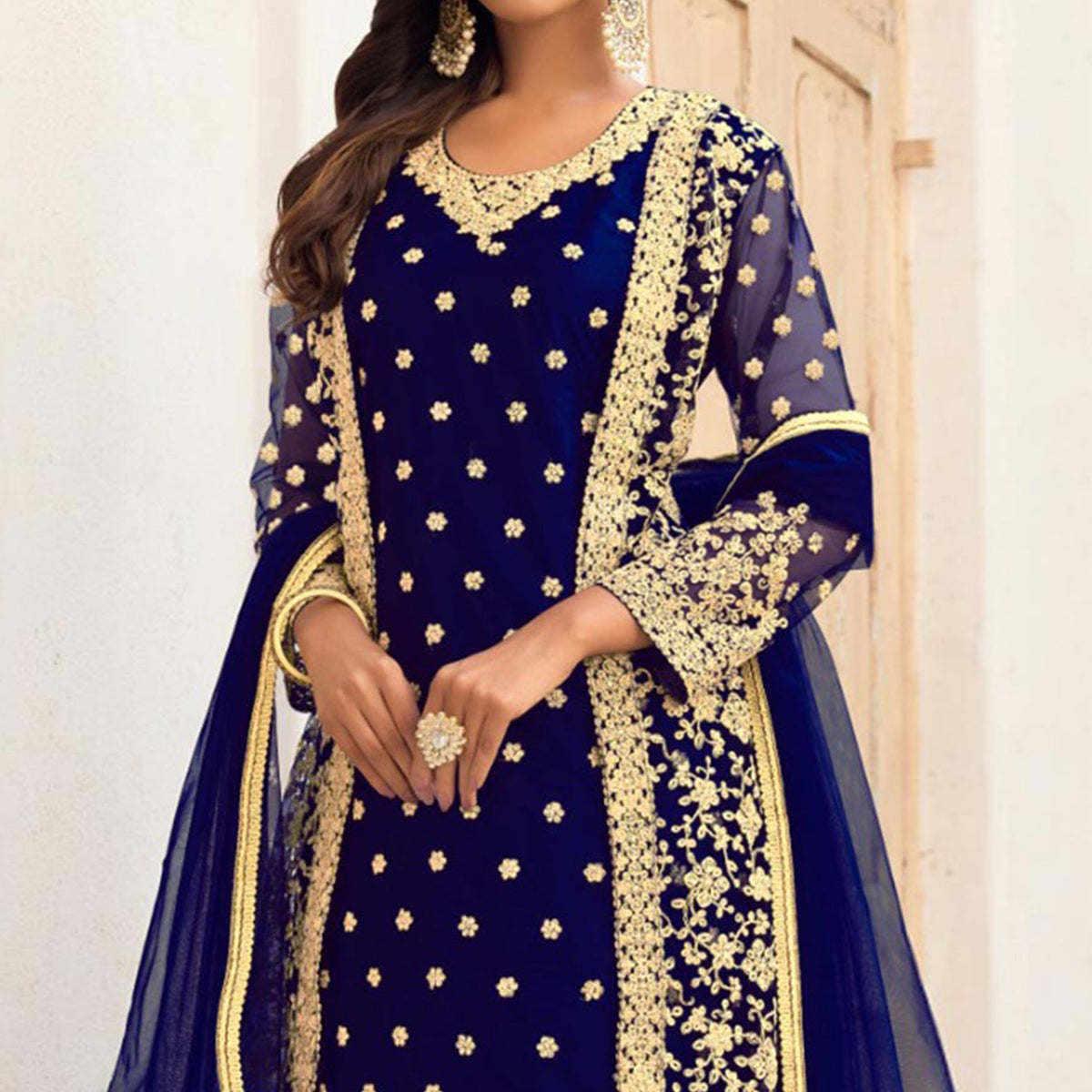 Royal Blue Floral Embroidered Net Semi Stitched Pakistani Suit