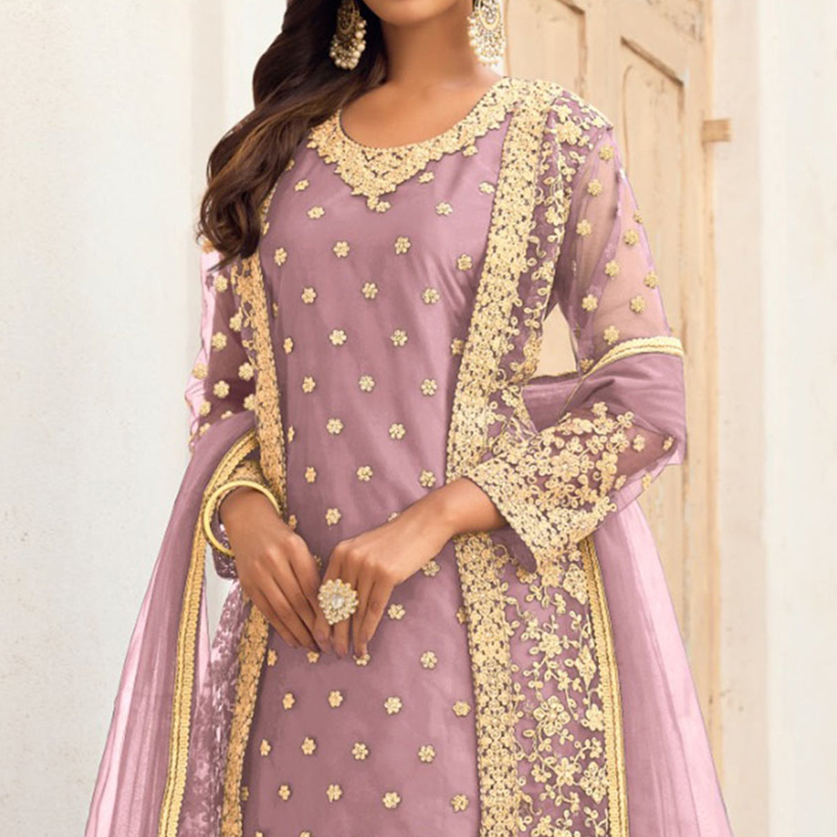 Light Pink Floral Embroidered Net Semi Stitched Pakistani Suit