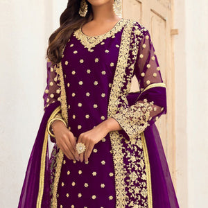 Purple Floral Embroidered Net Semi Stitched Pakistani Suit