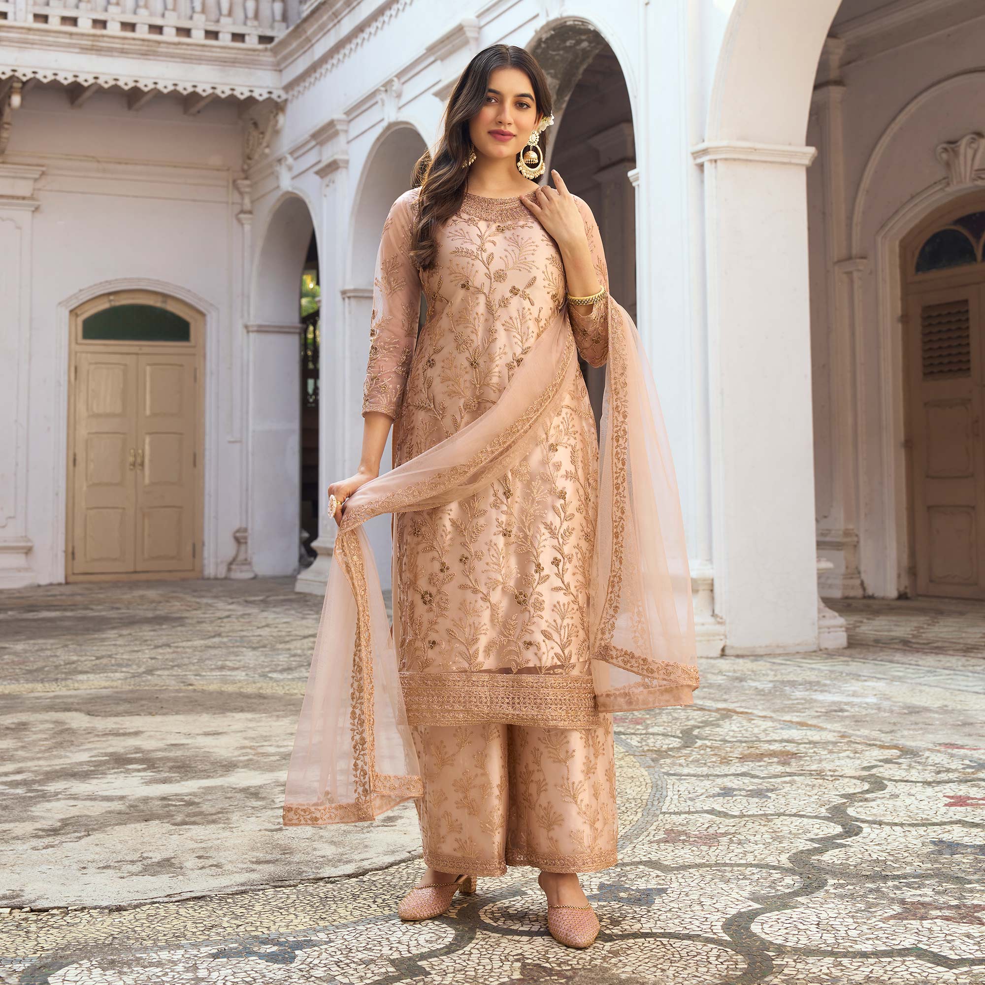 Chikoo Floral Embroidered Net Semi Stitched Suit