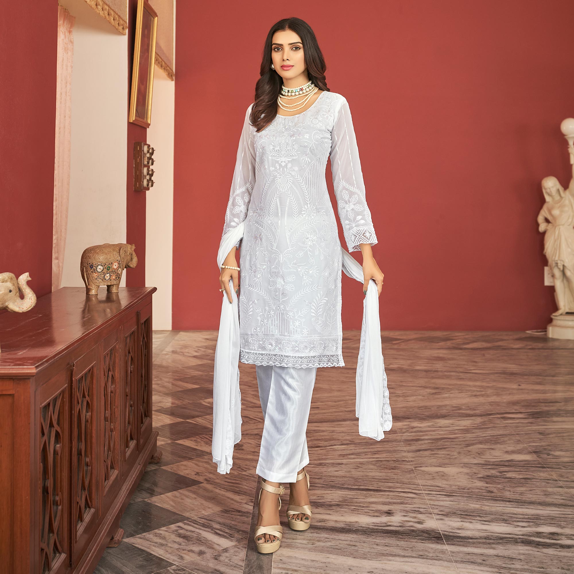 White Floral Sequins Embroidered Georgette Semi Stitched Pakistani Suit