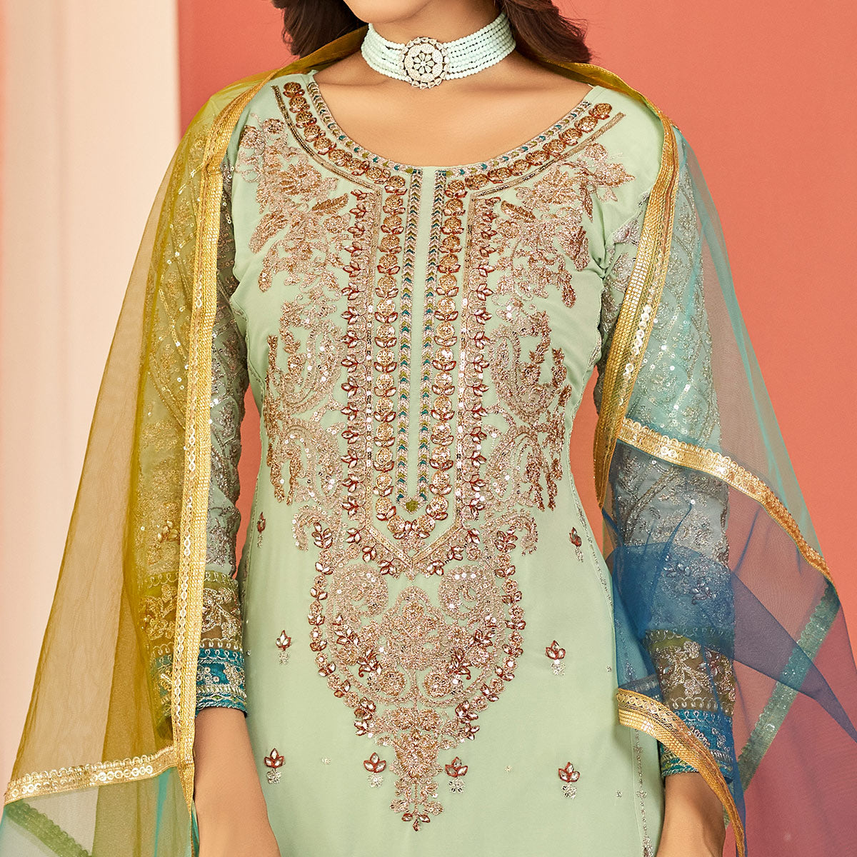 Green Floral Sequins Embroidered Georgette Semi Stitched Pakistani Suit