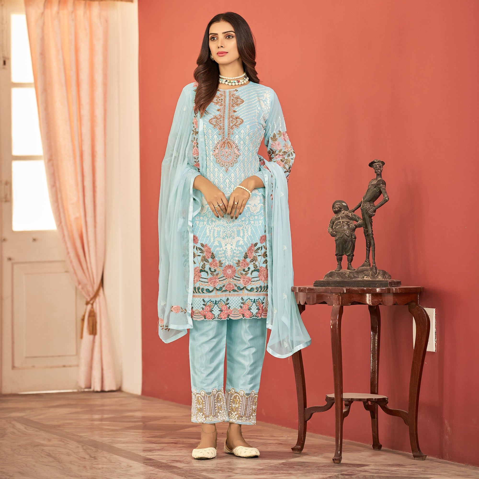 Blue Floral Sequins Embroidered Georgette Semi Stitched Pakistani Suit