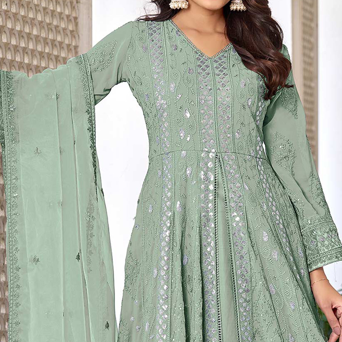 Mint Green Floral Sequins Embroidered Georgette Semi Stiched Suit