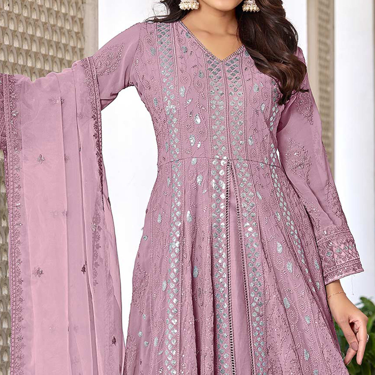 Pink Floral Sequins Embroidered Georgette Semi Stiched Suit