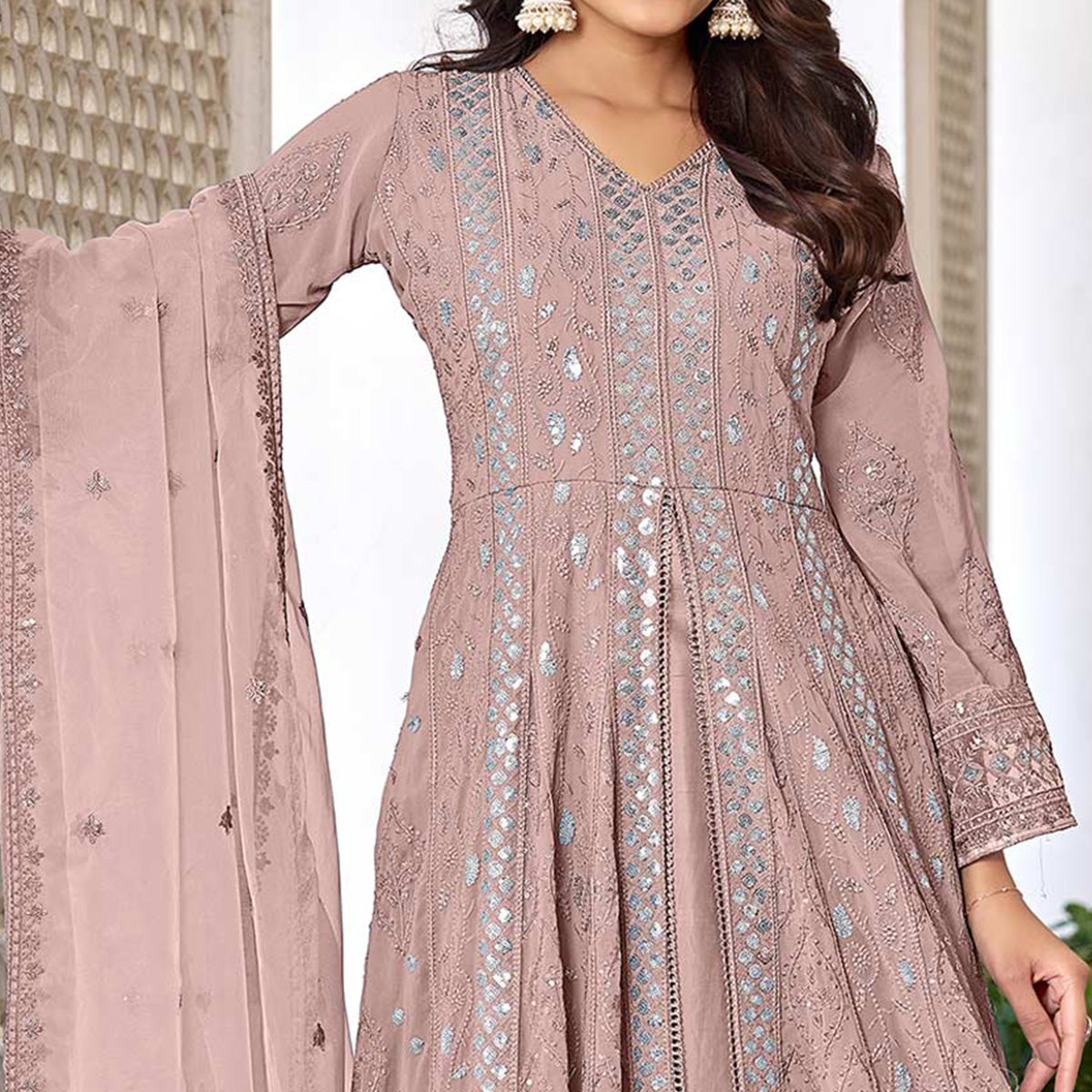 Dusty Peach Floral Sequins Embroidered Georgette Semi Stiched Suit