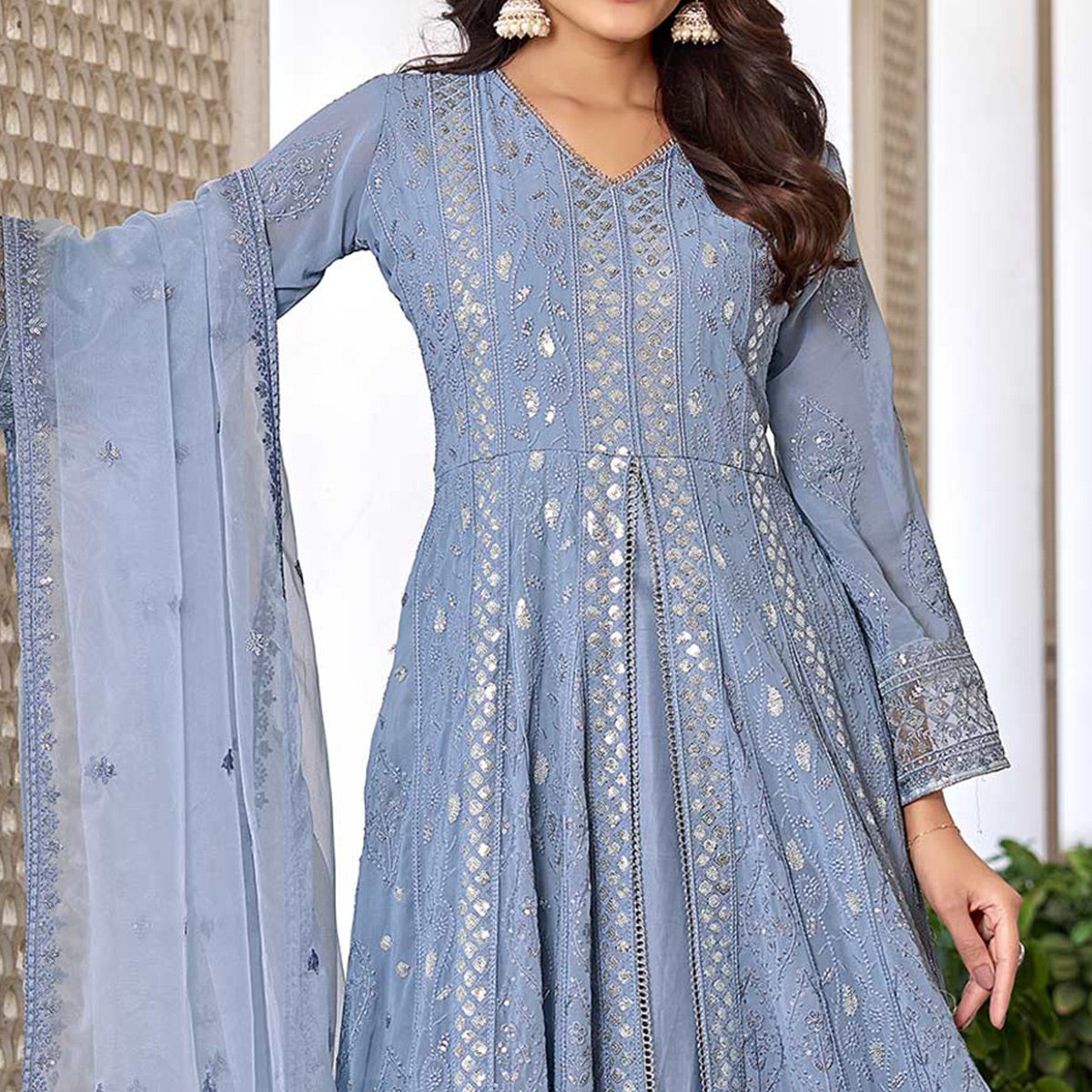 Blue Floral Sequins Embroidered Georgette Semi Stiched Suit